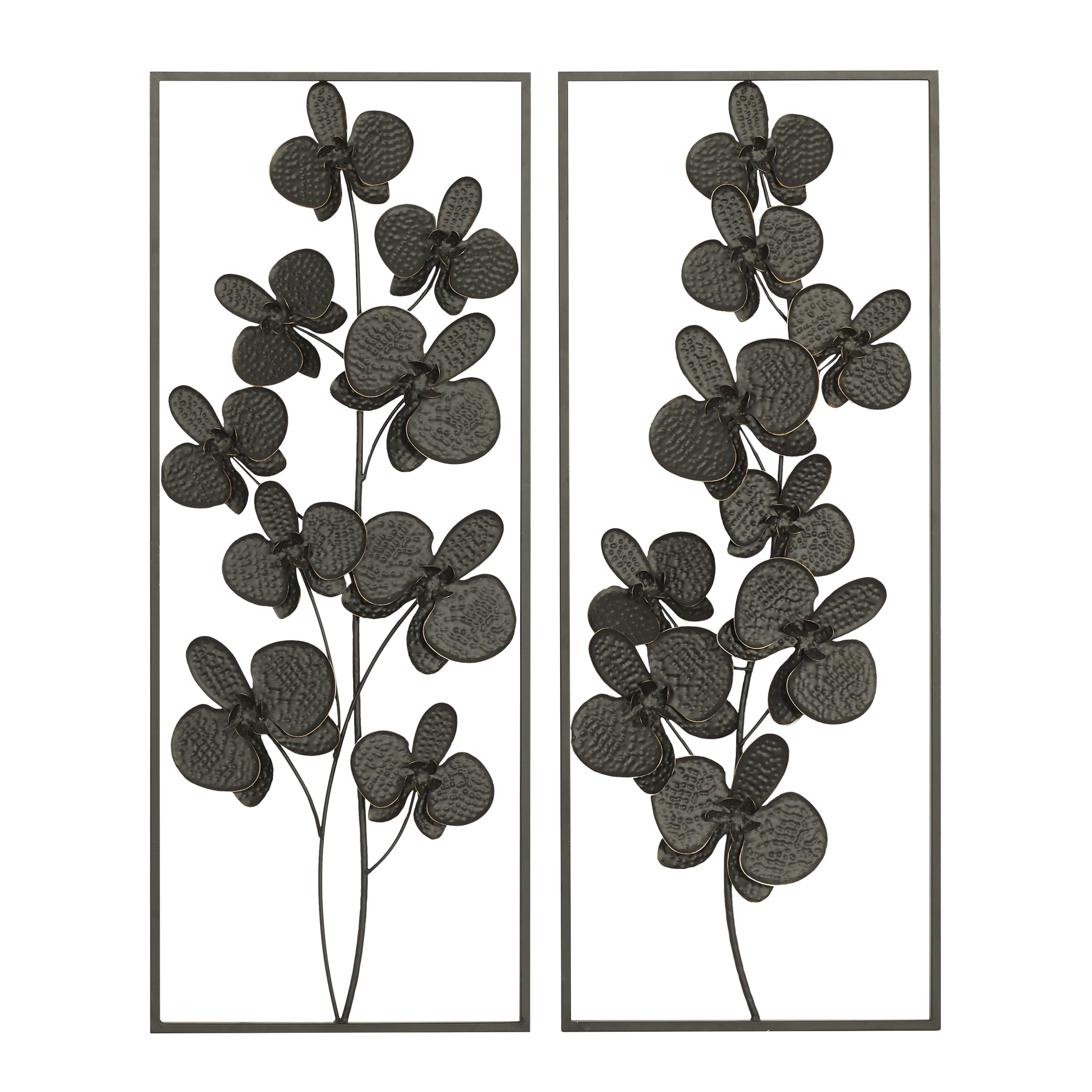 Elegant Black Orchid Metal Wall Sculpture Set, 14"W x 36"H