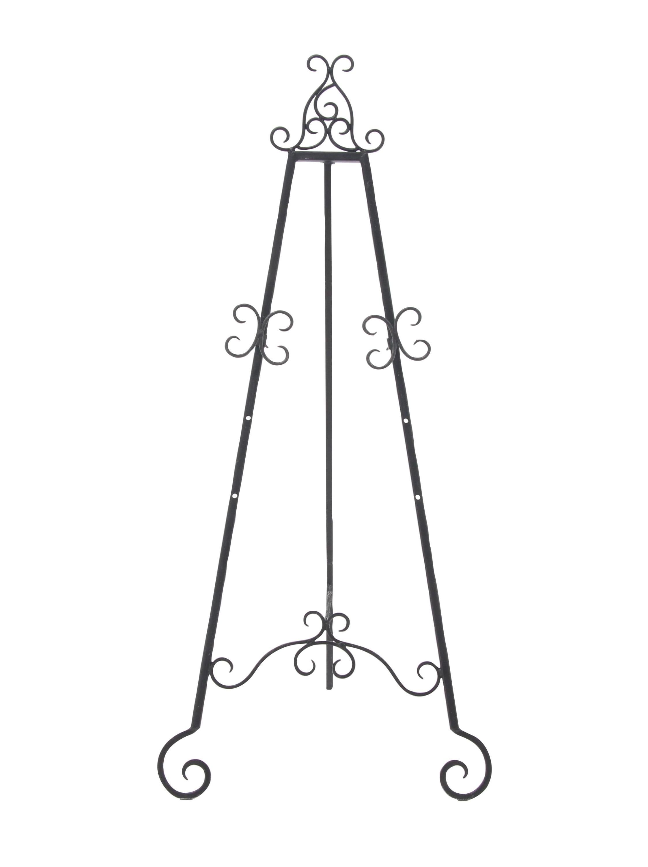 Black Metal Scroll Design Floor Easel with Adjustable Tiers