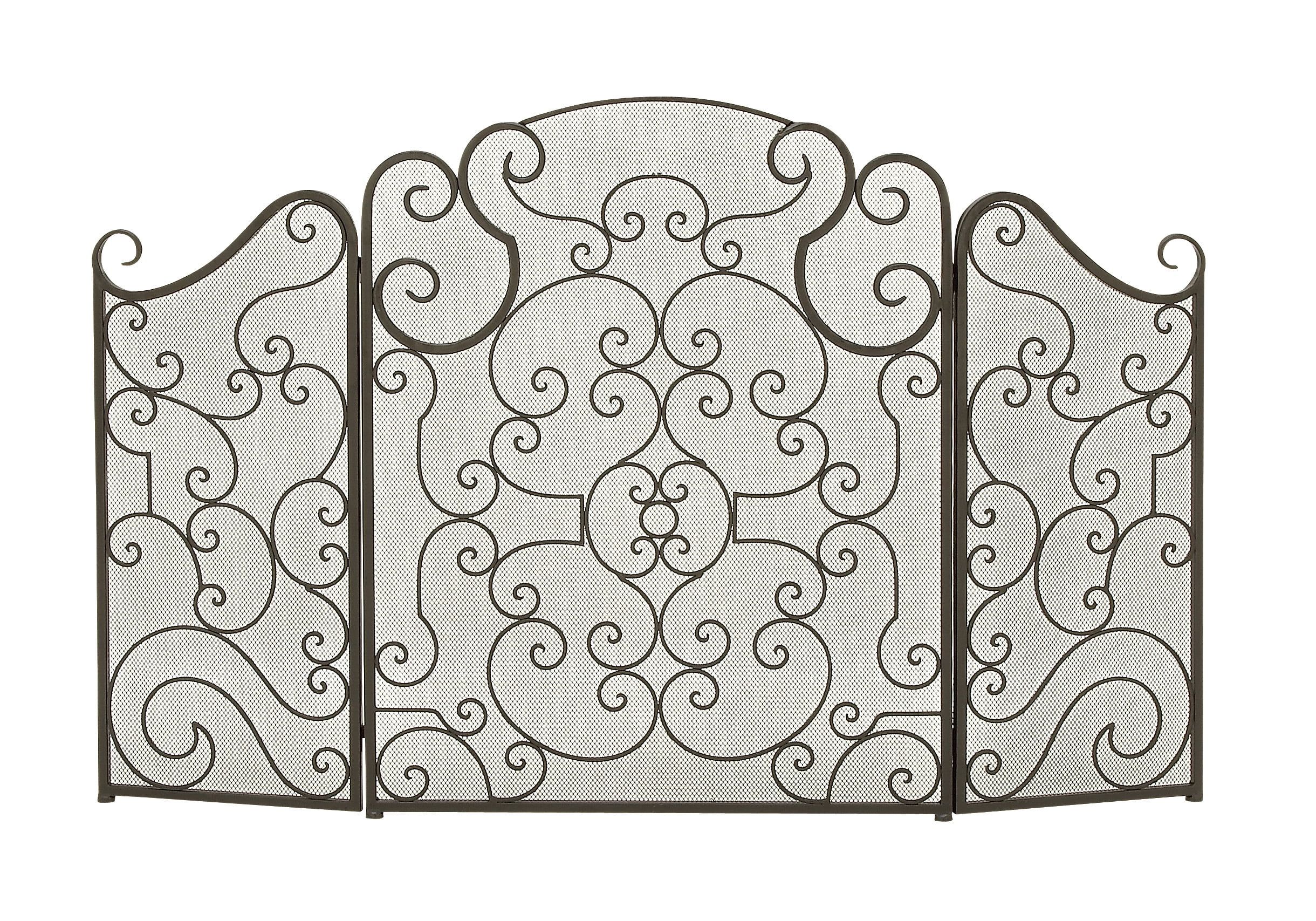 Black Metal Three-Panel Mesh Fireplace Screen with Scroll Design