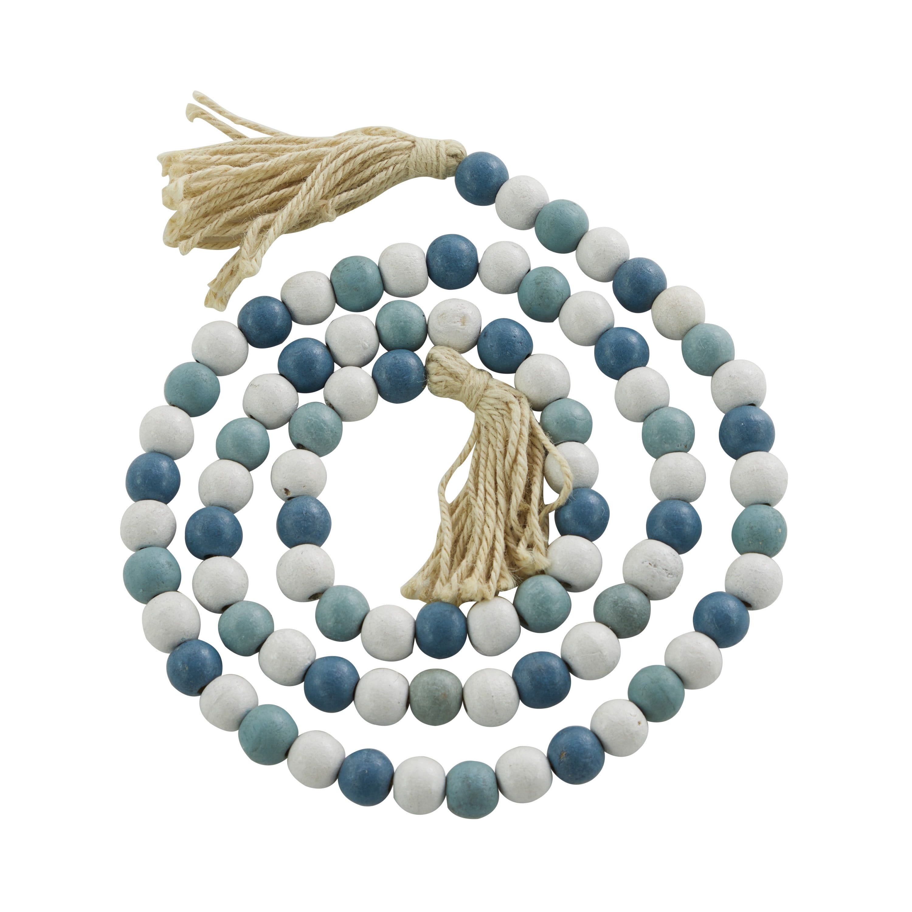 Blue and White Beaded Wood Garland with Cotton Tassels