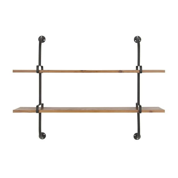 Brown Iron and Fir Wood 2-Tier Wall Shelf, 37" x 29"