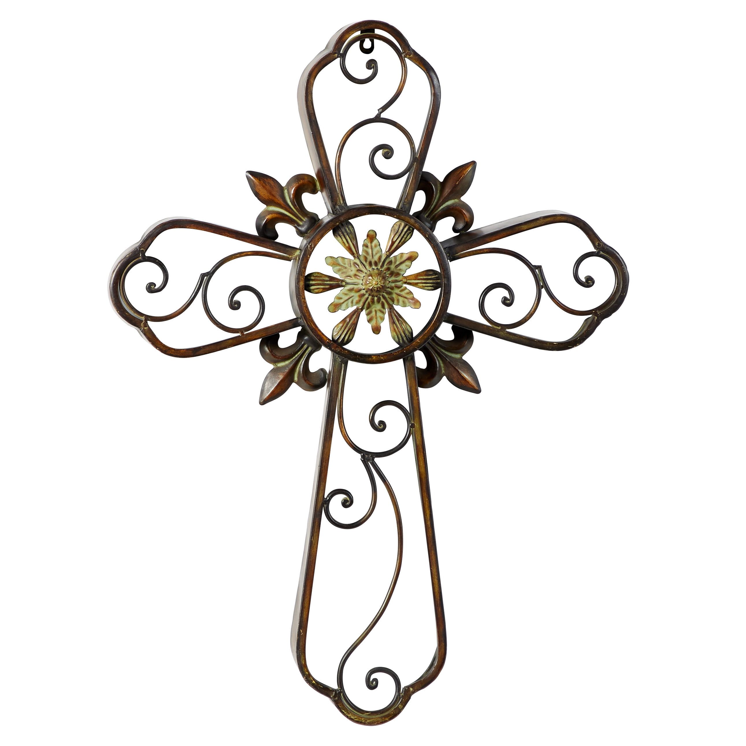 Brown Metal Scroll Cross Wall Sculpture with Floral Center