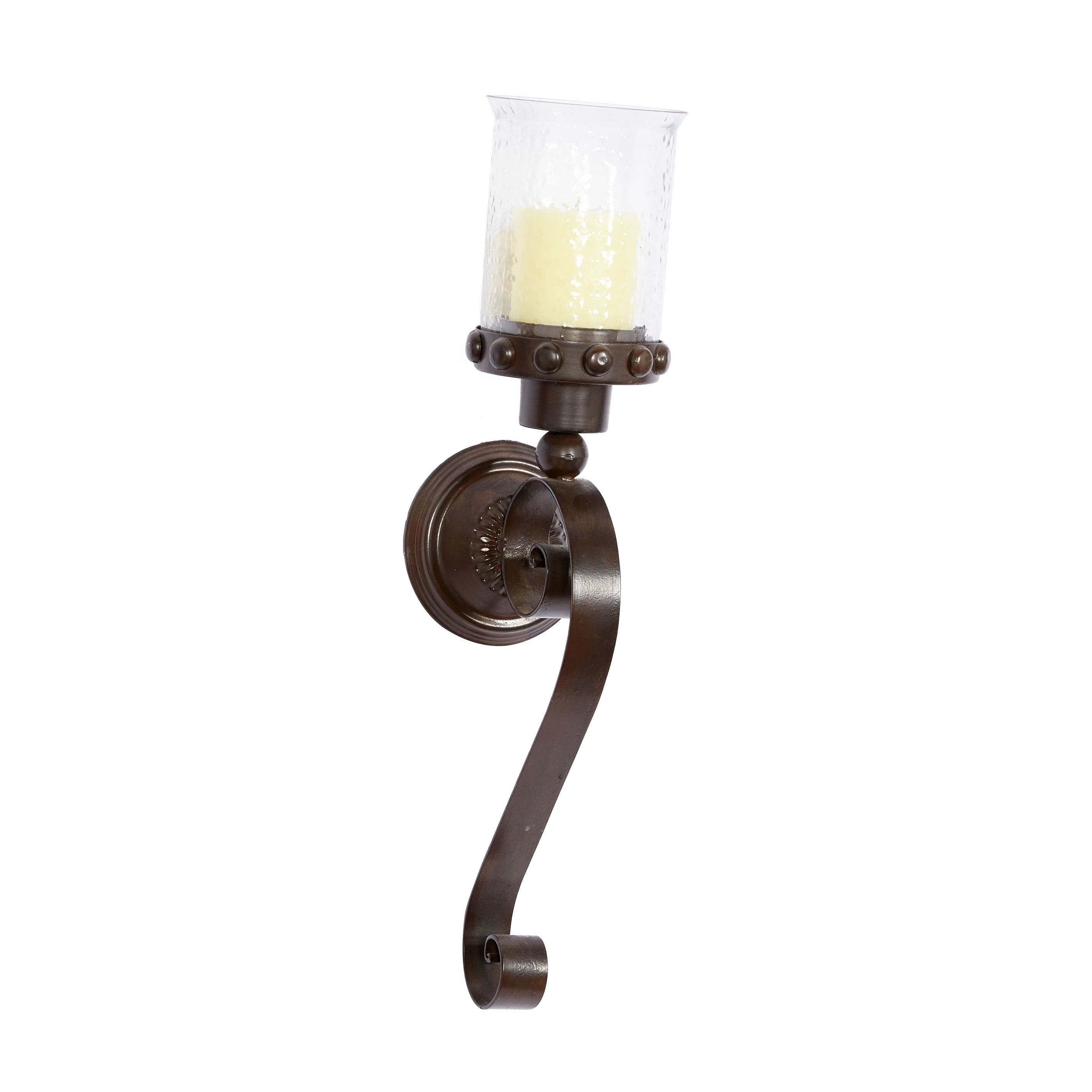 Brown Metal Scroll Wall Sconce with Glass Hurricane