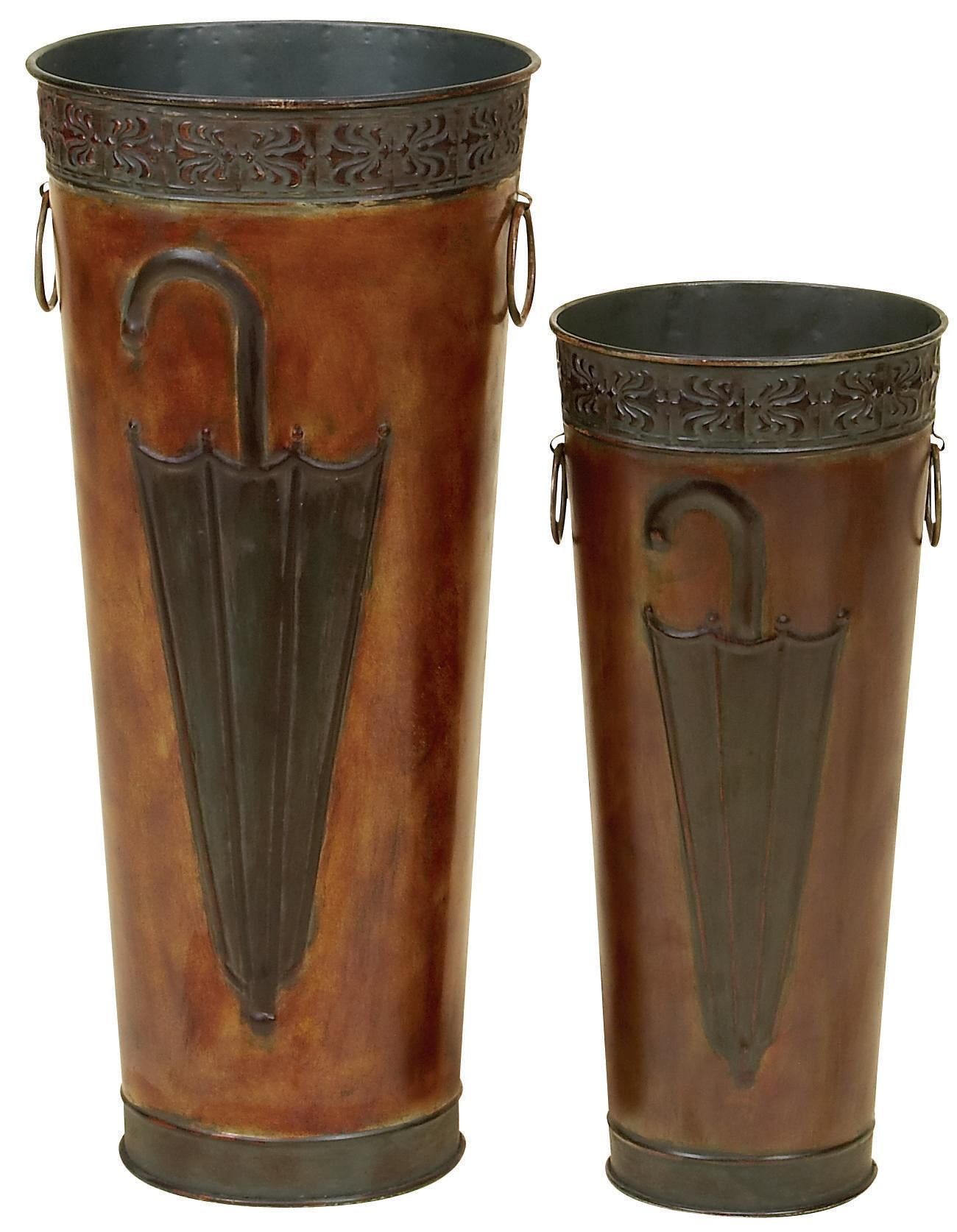 Rustic Brown Metal Umbrella Stand Set with Handles