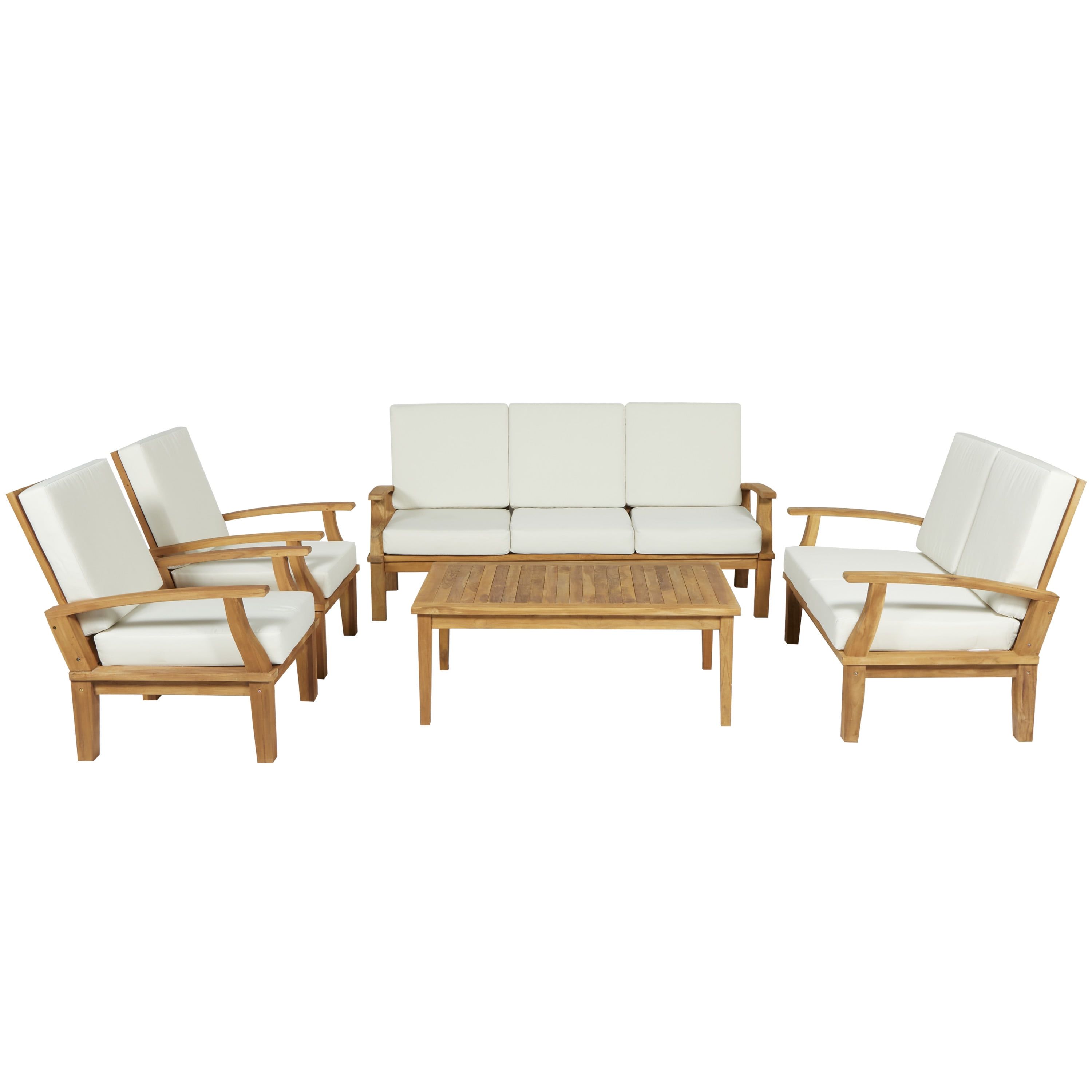 Brown Teak Wood 5-Piece Outdoor Seating Set with Cushions