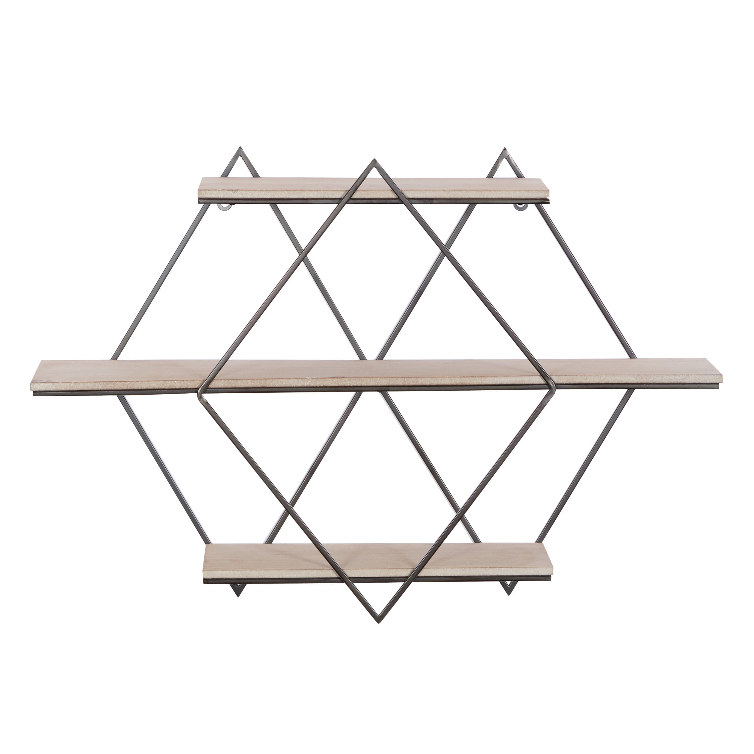 Brown Wood Geometric Wall Shelf with Metal Frame