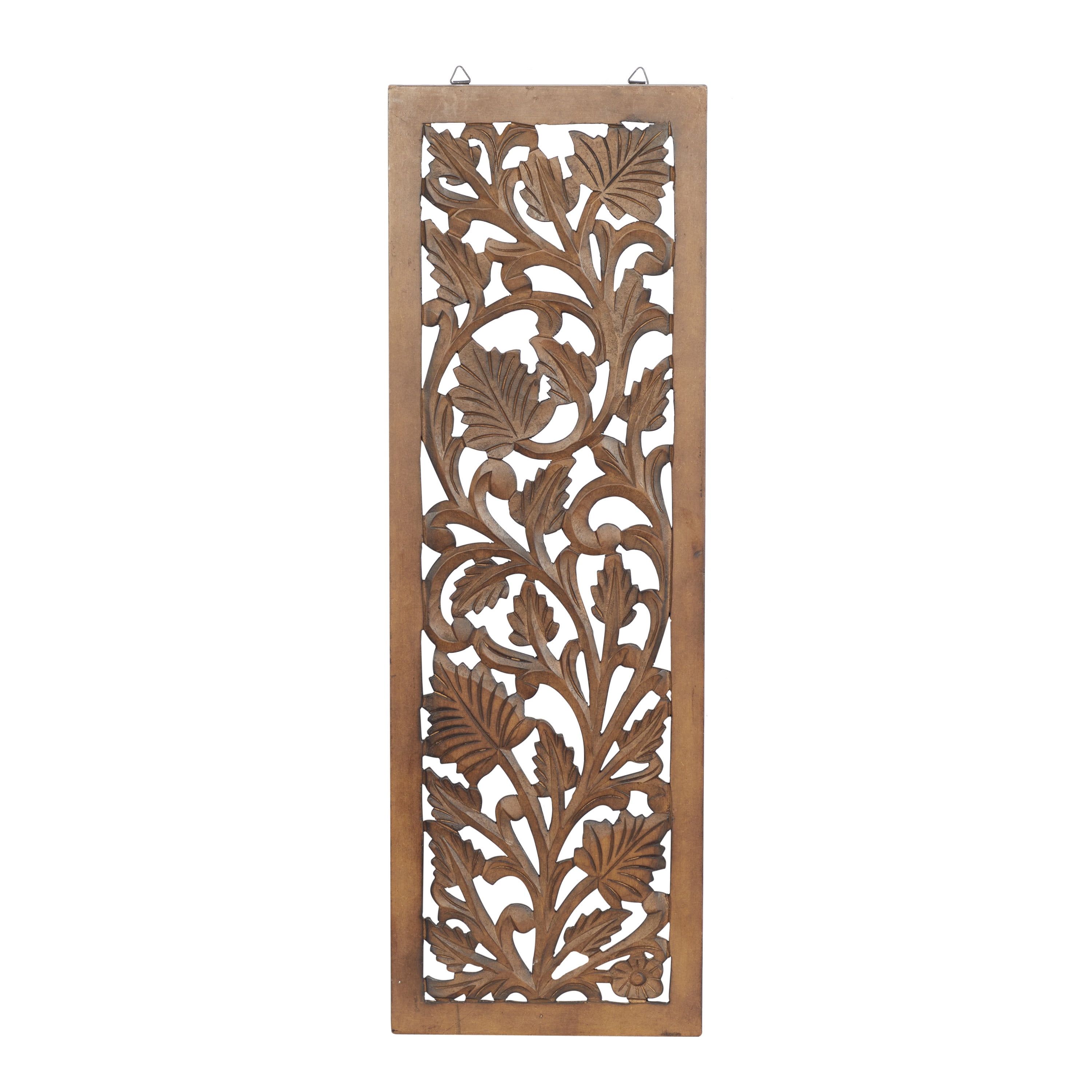 Brown Wood Carved Botanical Rectangular Wall Panel