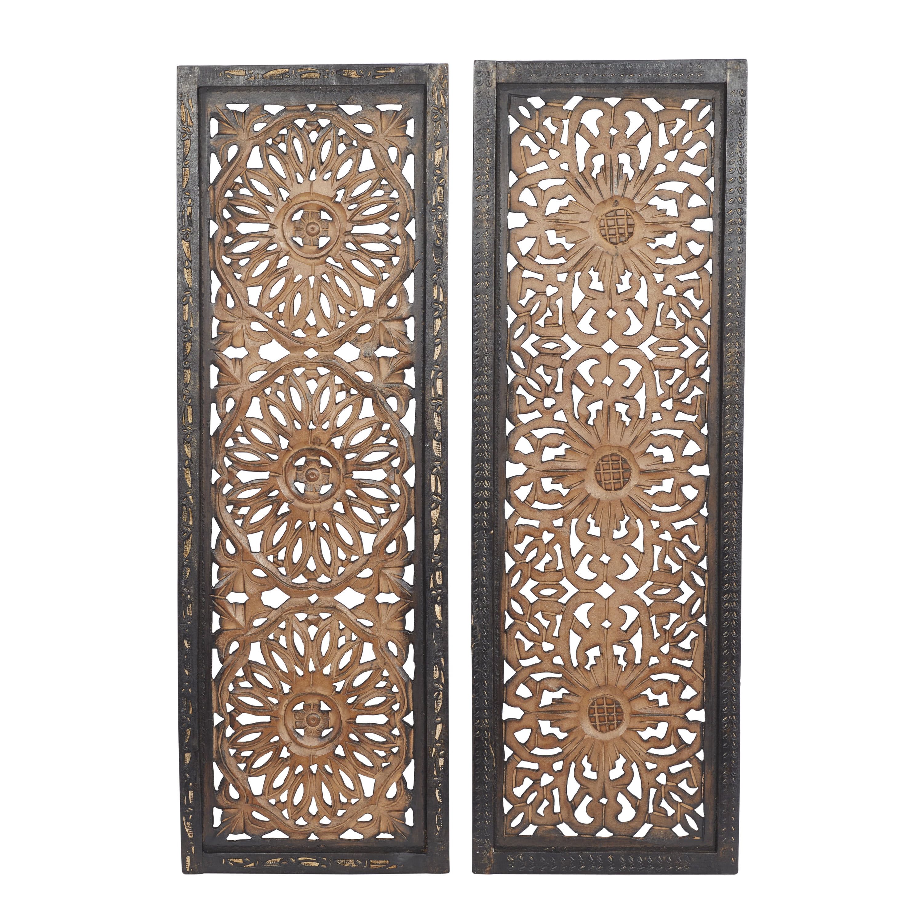 Handmade Brown Wood Carved Floral Wall Decor Set