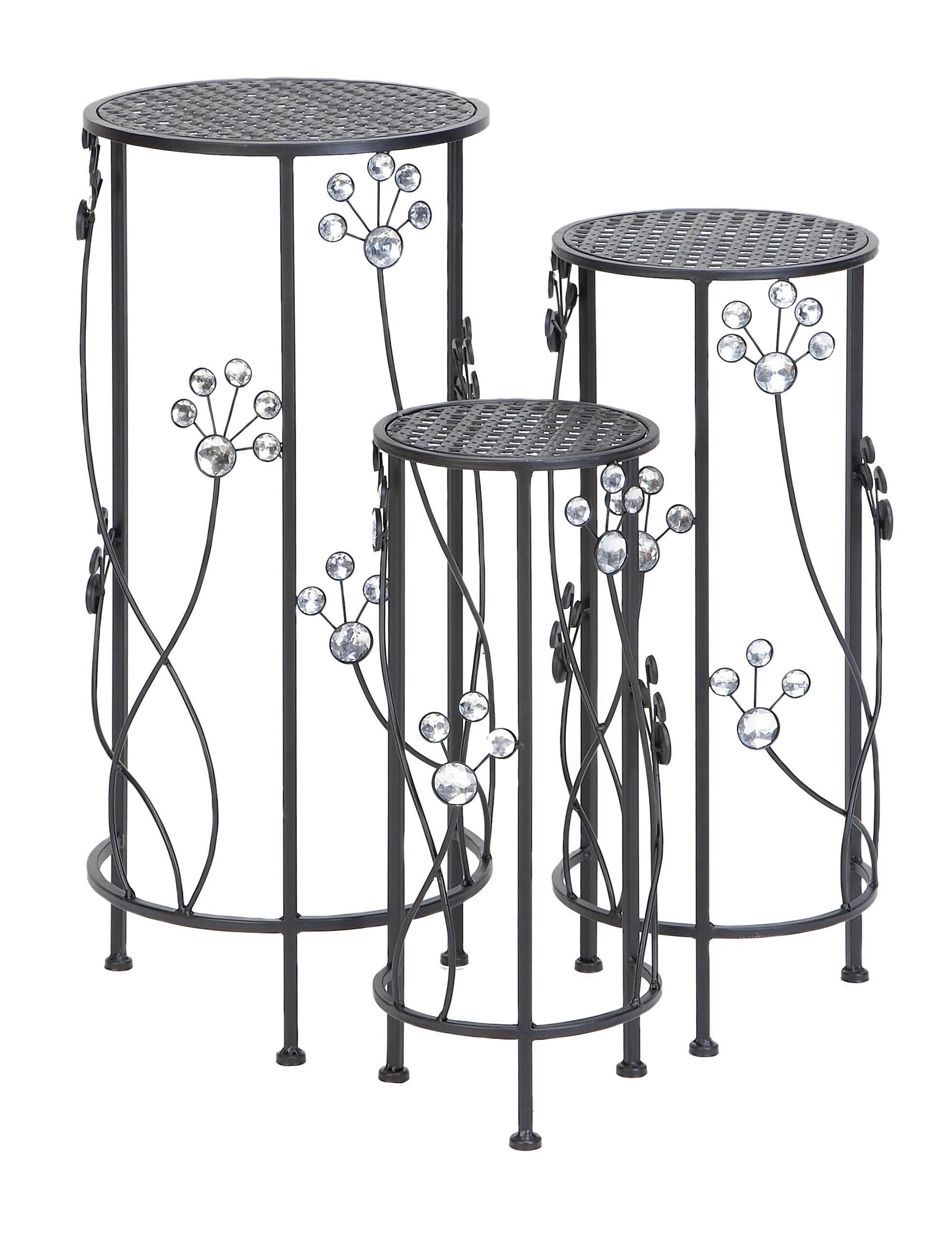 Set of 3 Black Iron Plant Stands with Floral Accents