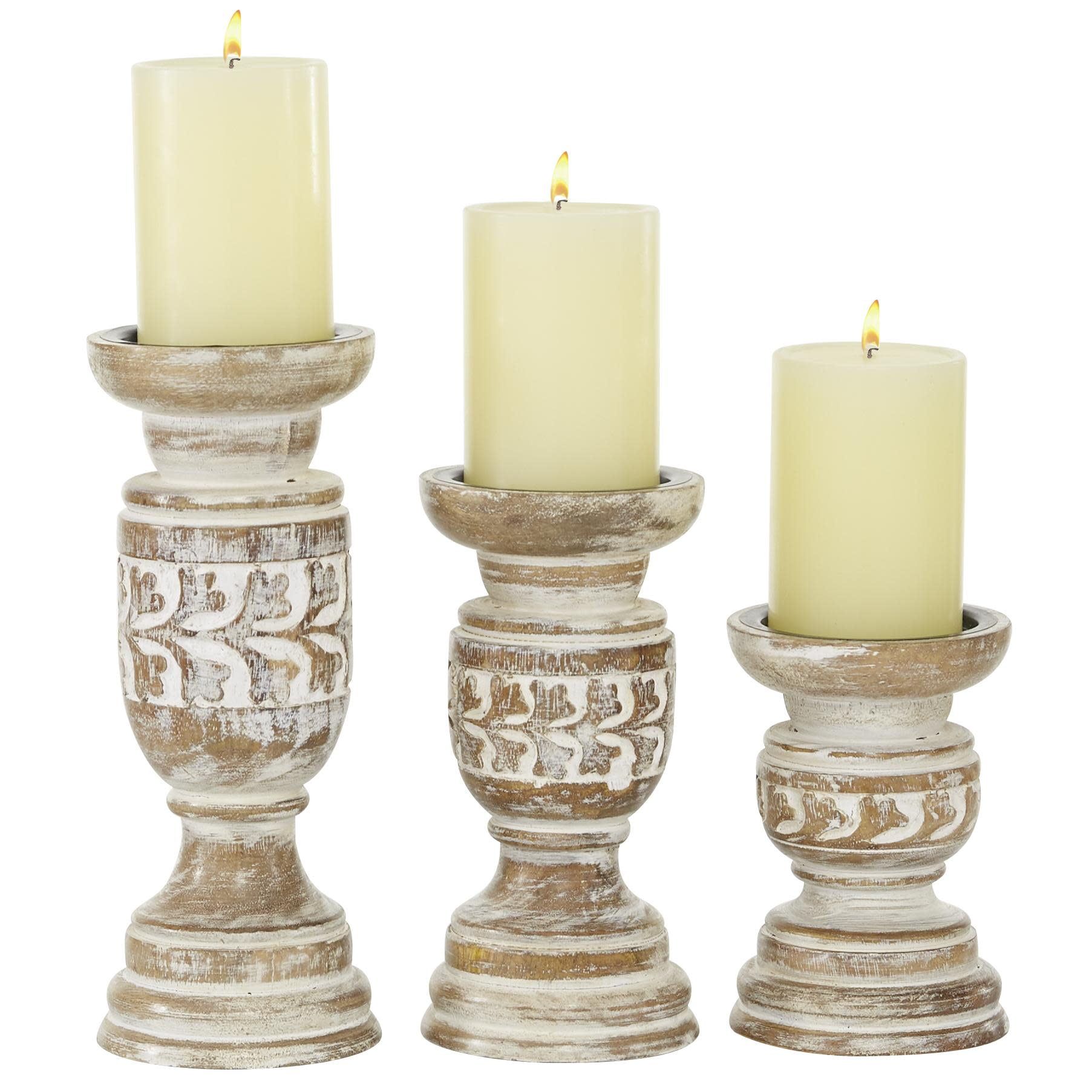 Rustic Whitewashed Wood Carved Candle Holders, Set of 3