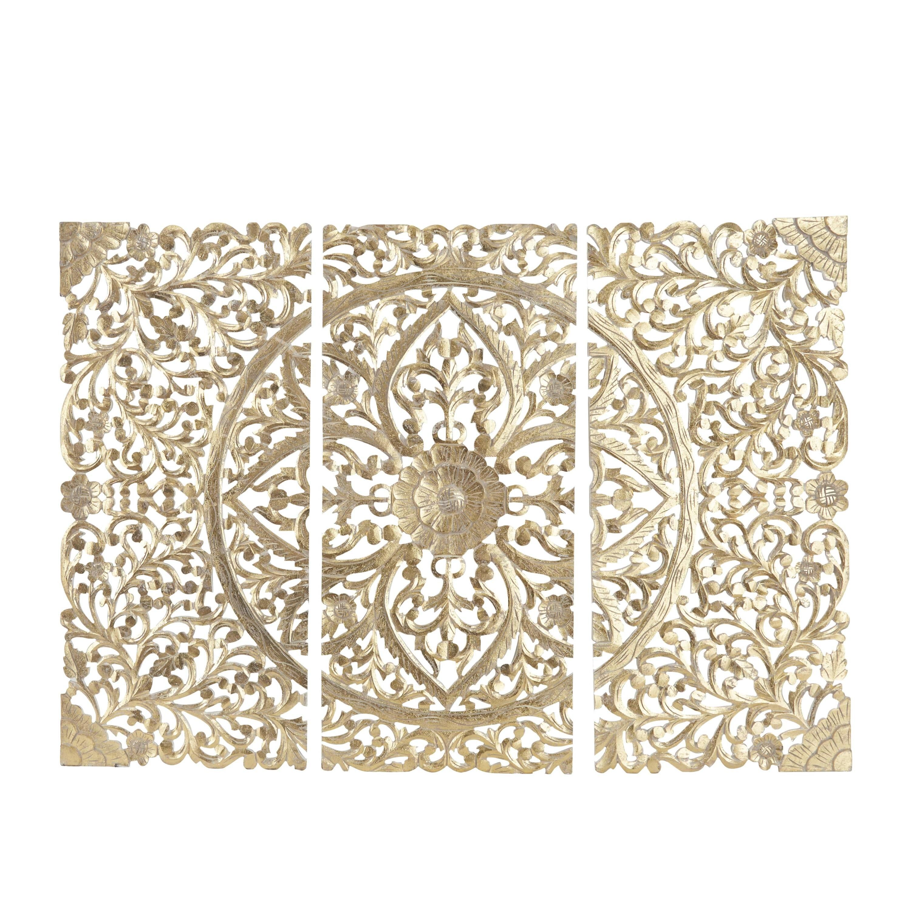 Gold Pinewood Hand-Carved Floral Wall Panels, Set of 3