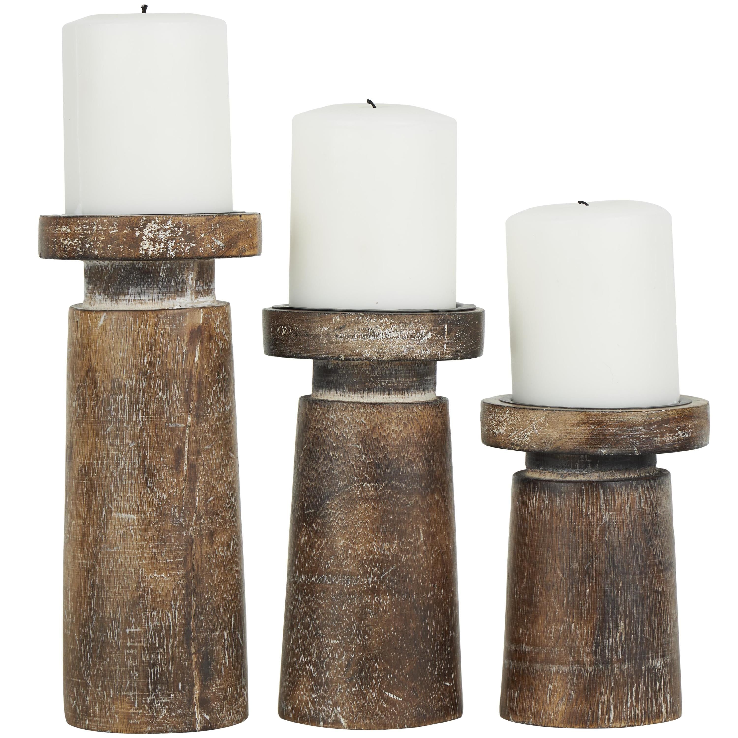 Rustic Brown Mango Wood Candle Holders with Iron Plates, Set of 3