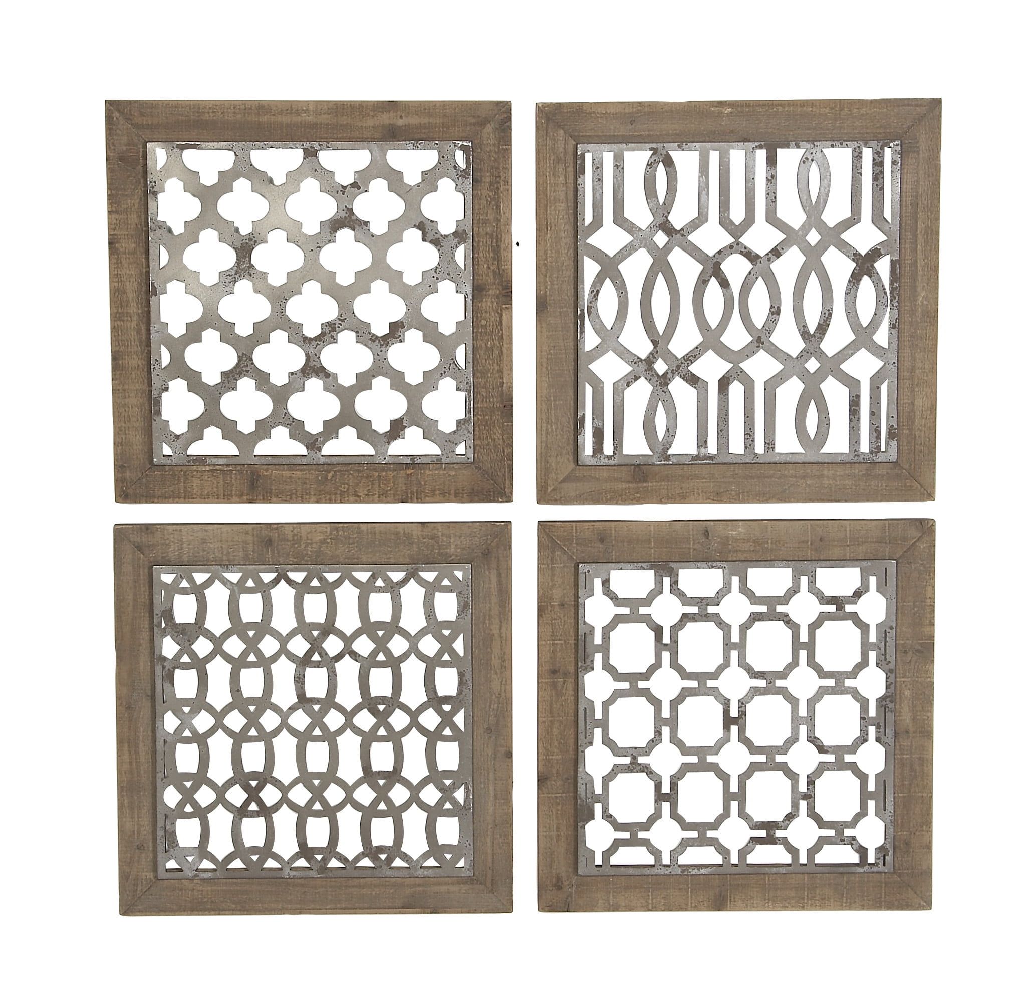 Rustic Farmhouse Iron & Wood Geometric Wall Decor Set, 19" Square