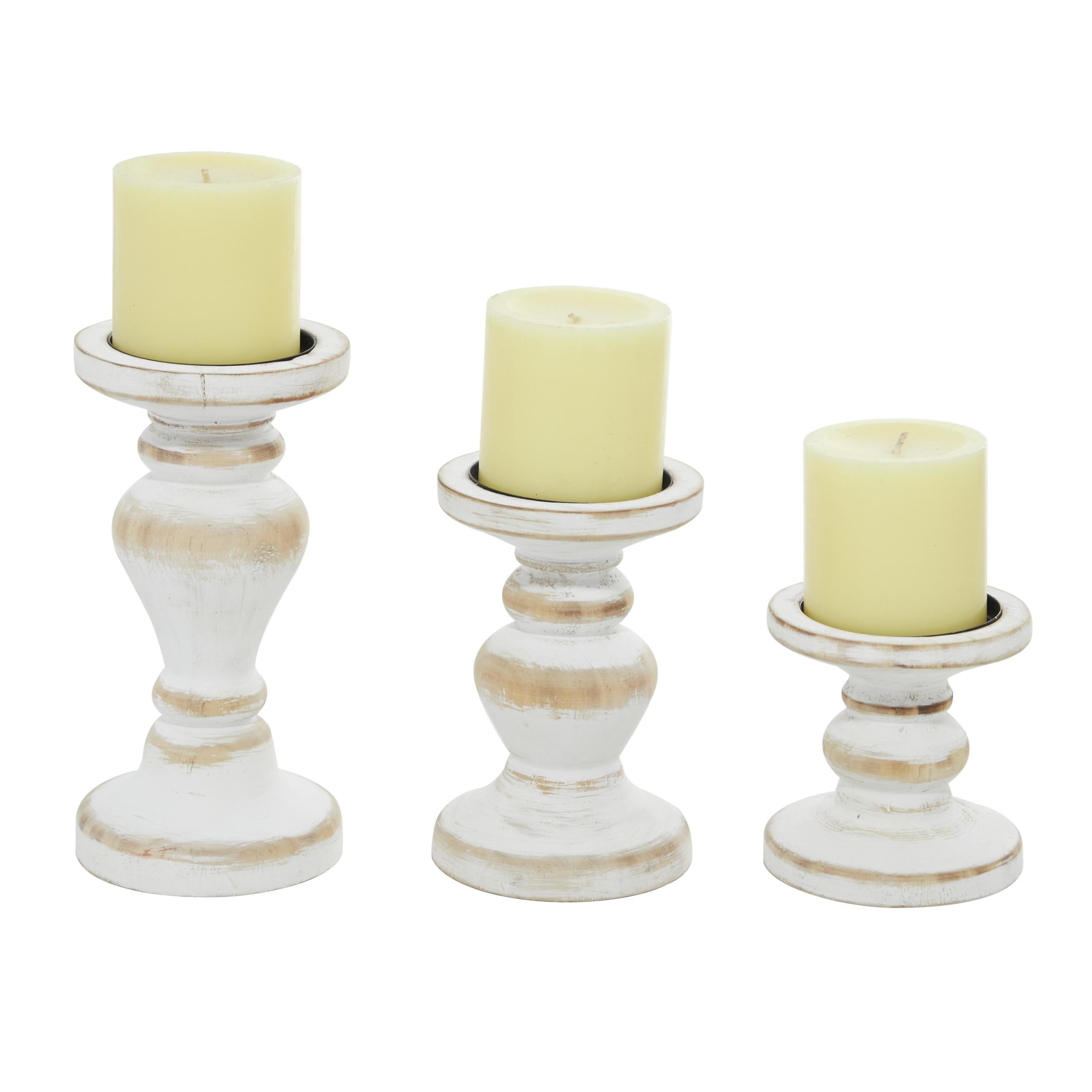 Farmhouse Elegance White Wooden Pillar Candle Holders, Set of 3