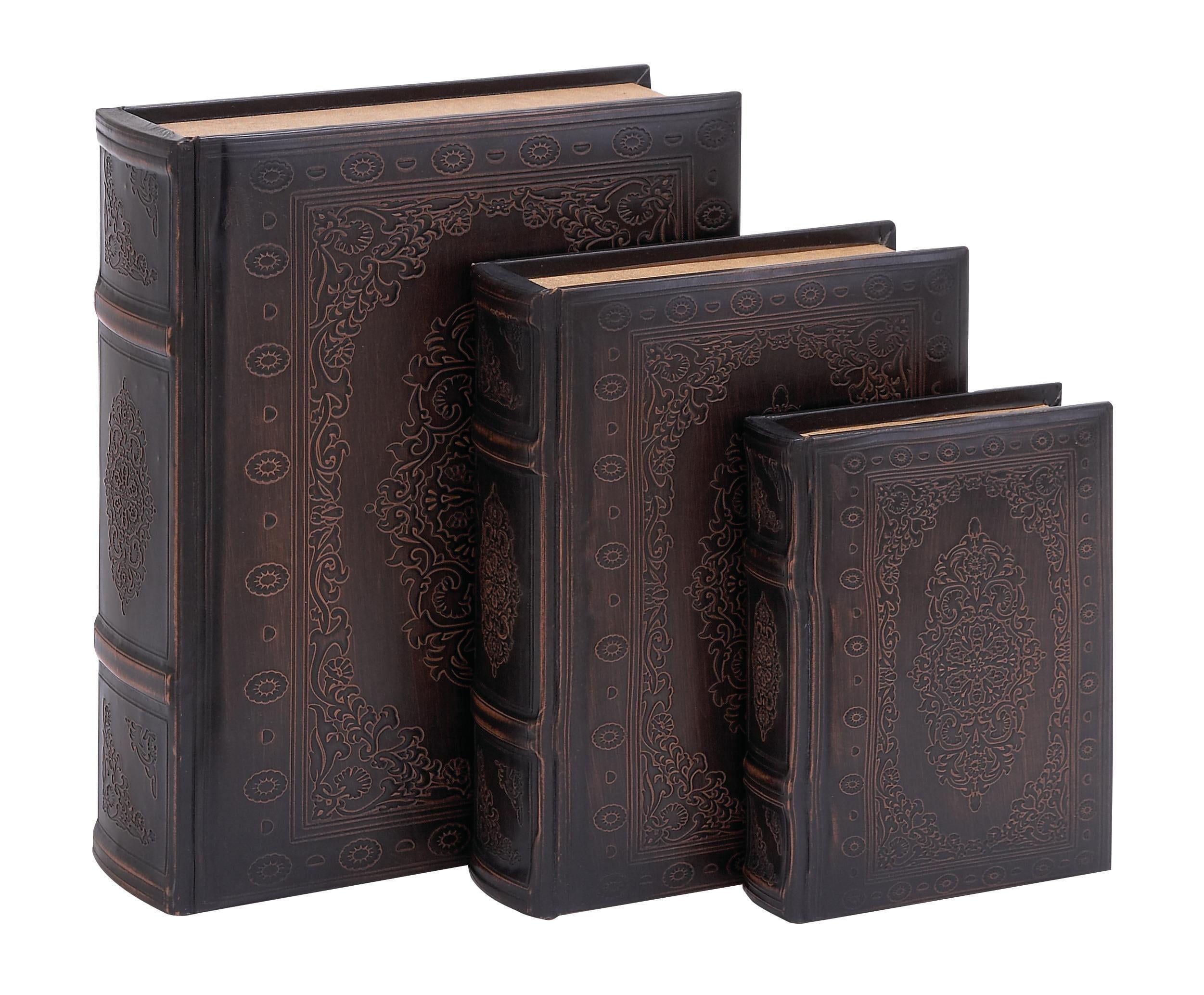 Vintage Illustration Dark Brown Wood & Faux Leather Decorative Book Box Set of 3