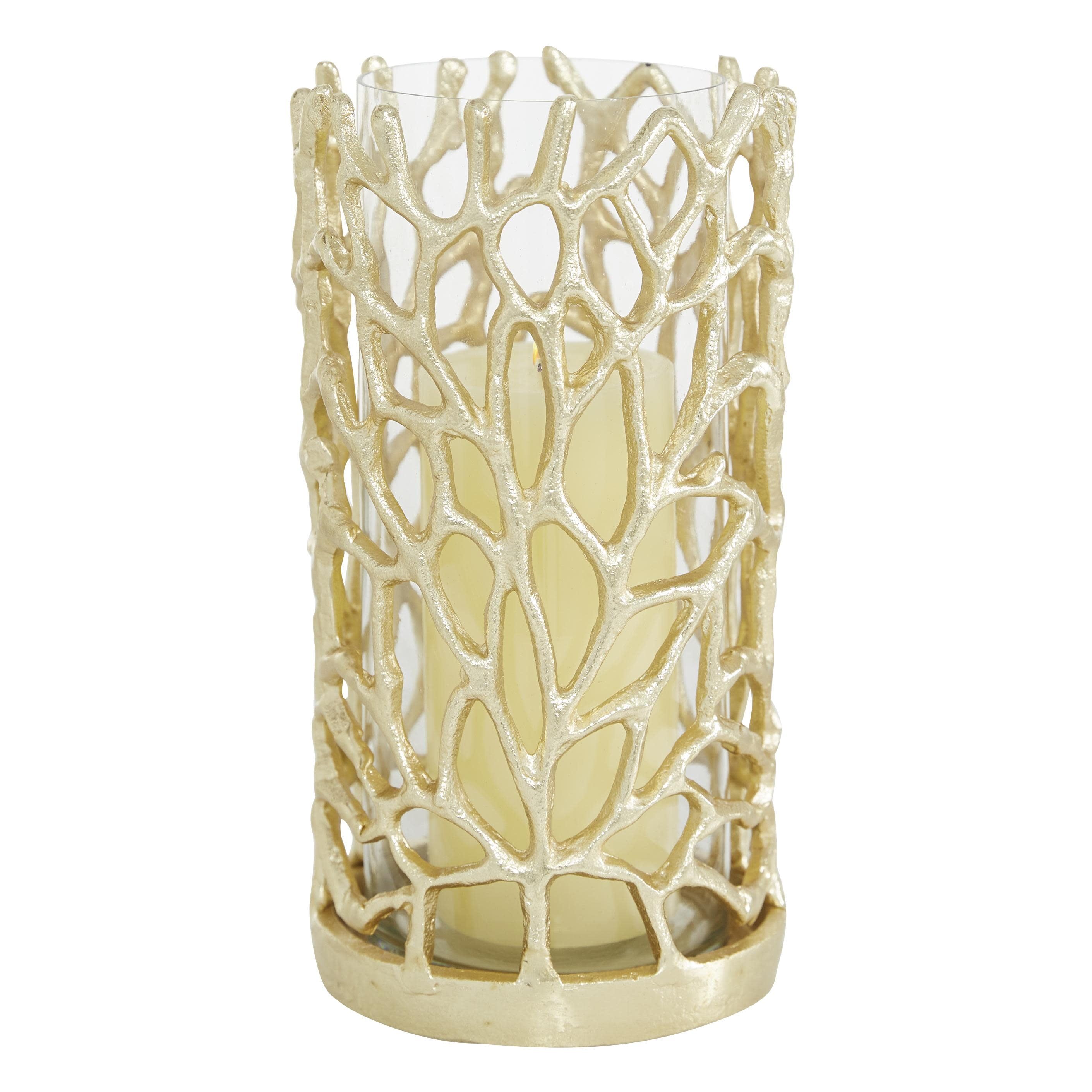 Gold Aluminum Coral Pattern Hurricane Candle Lantern