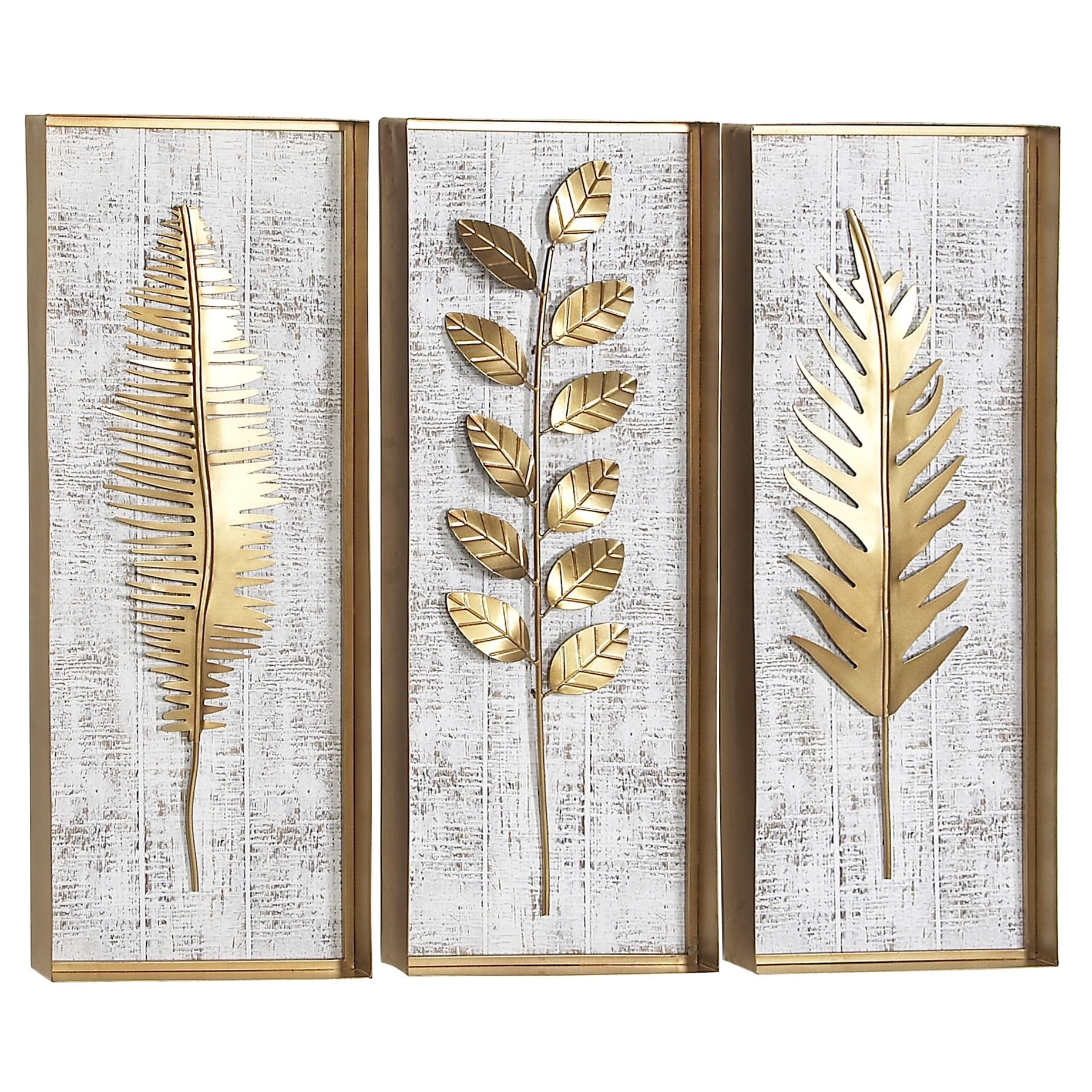 Gold and White Rectangular 3D Leaf Wall Sculpture Set