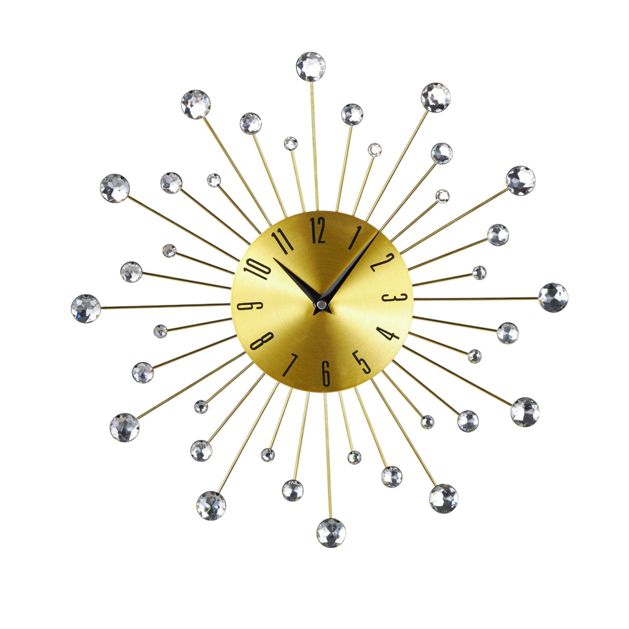 Gold Metal Starburst Wall Clock with Crystal Accents, 15"