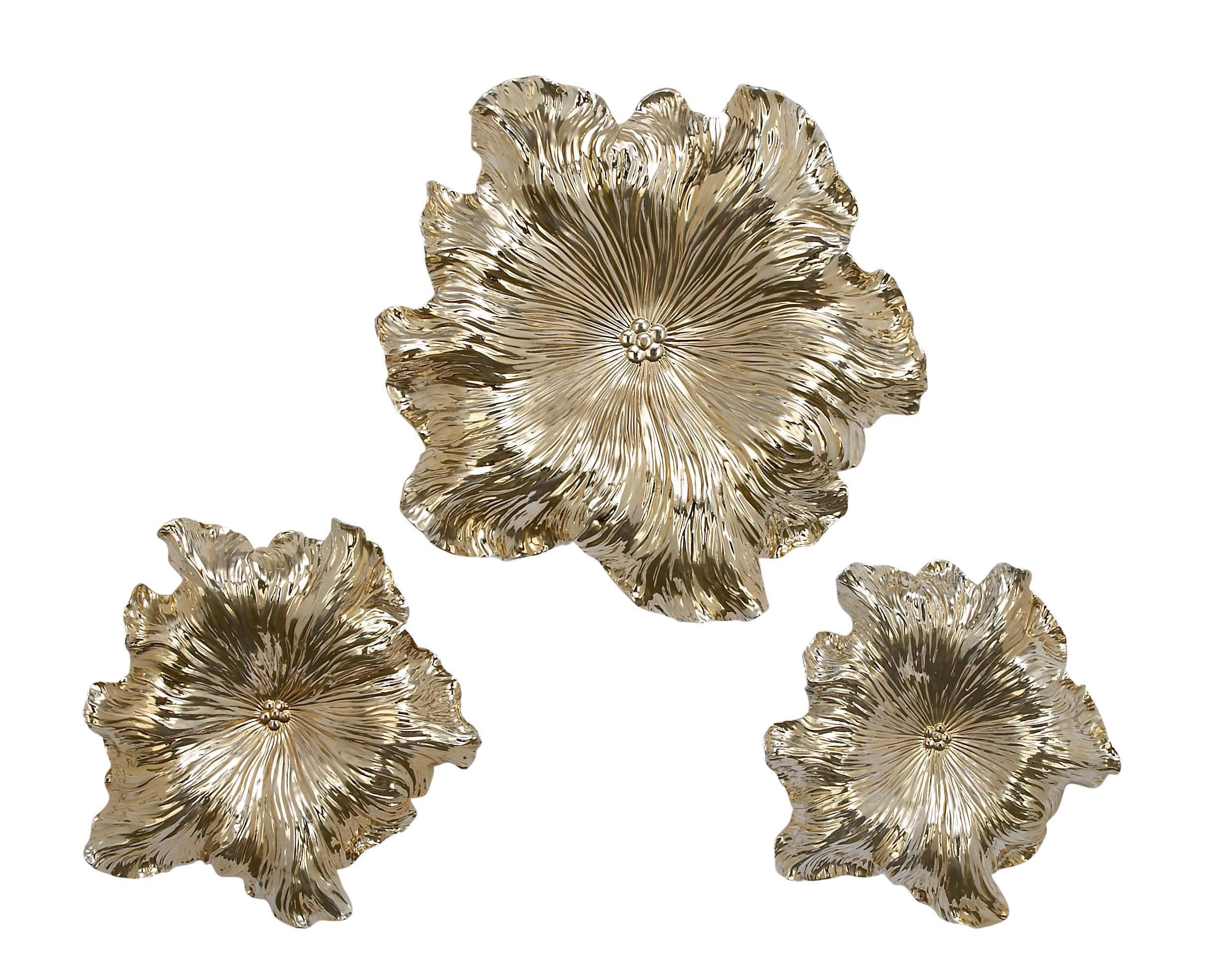 Gold Polystone 3D Floral Wall Sculpture Set of Three