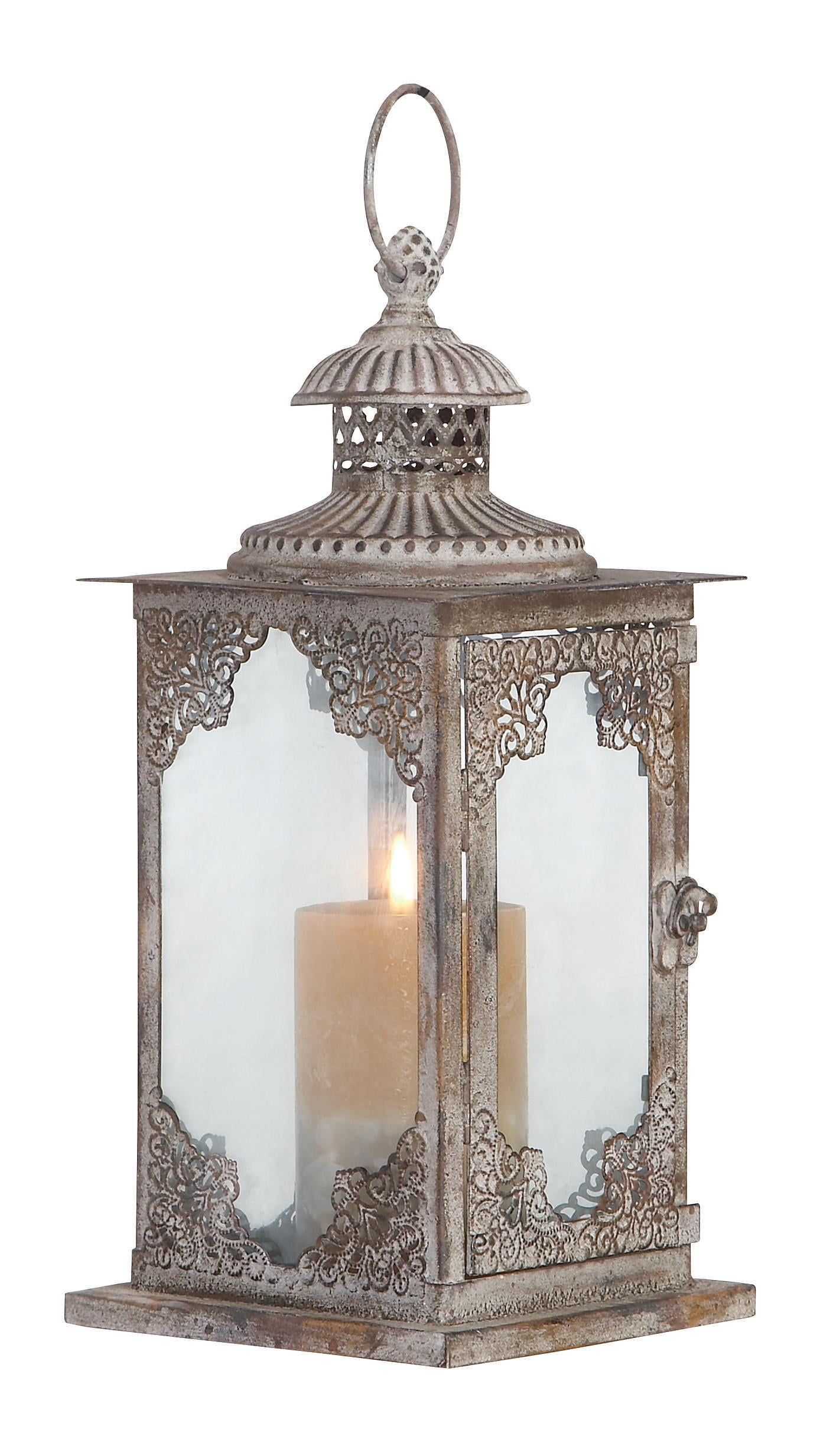 Elegant Tarnished Gray Iron and Glass Tabletop Lantern