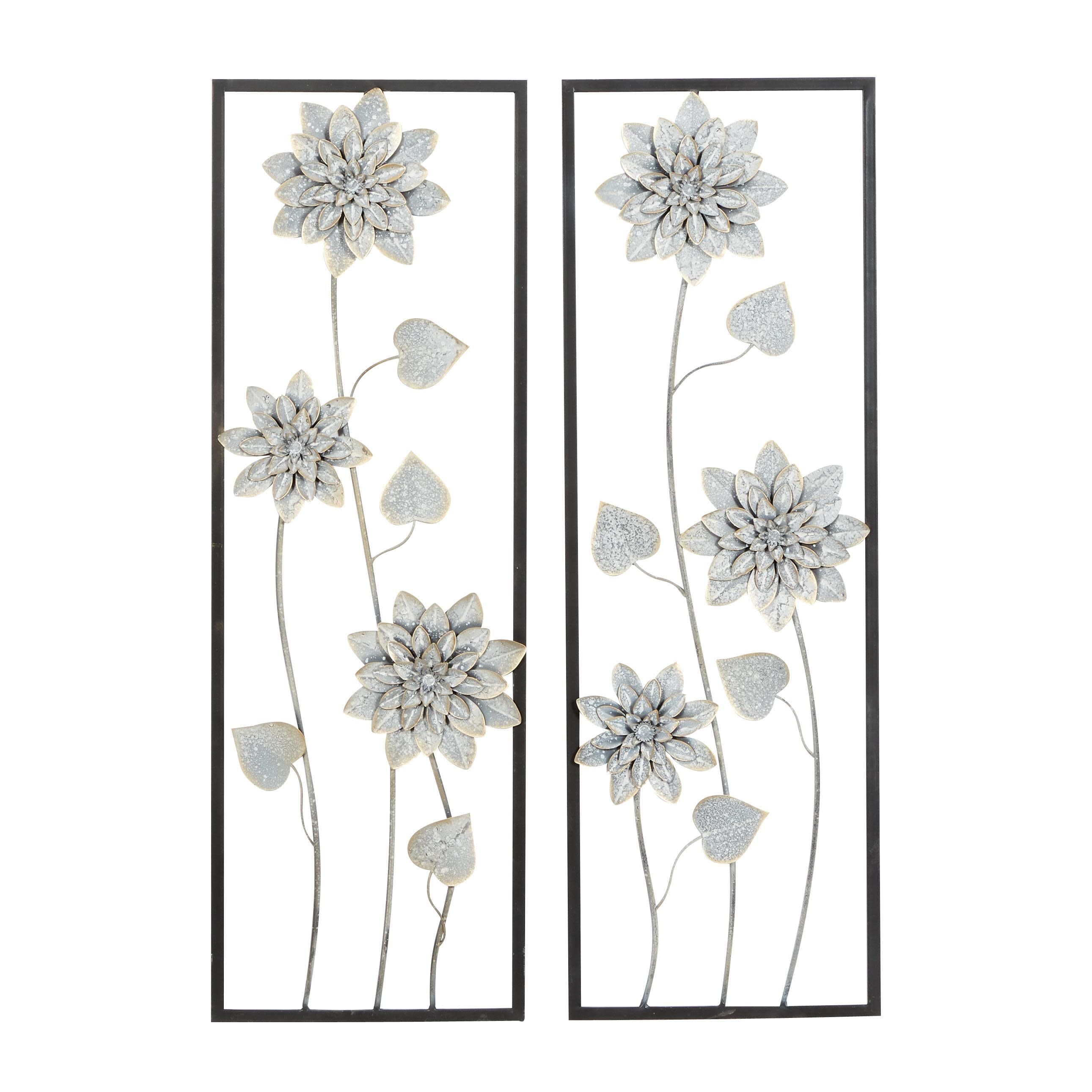 Gray Metal Floral Wall Sculpture with Black Frame, Set of 2