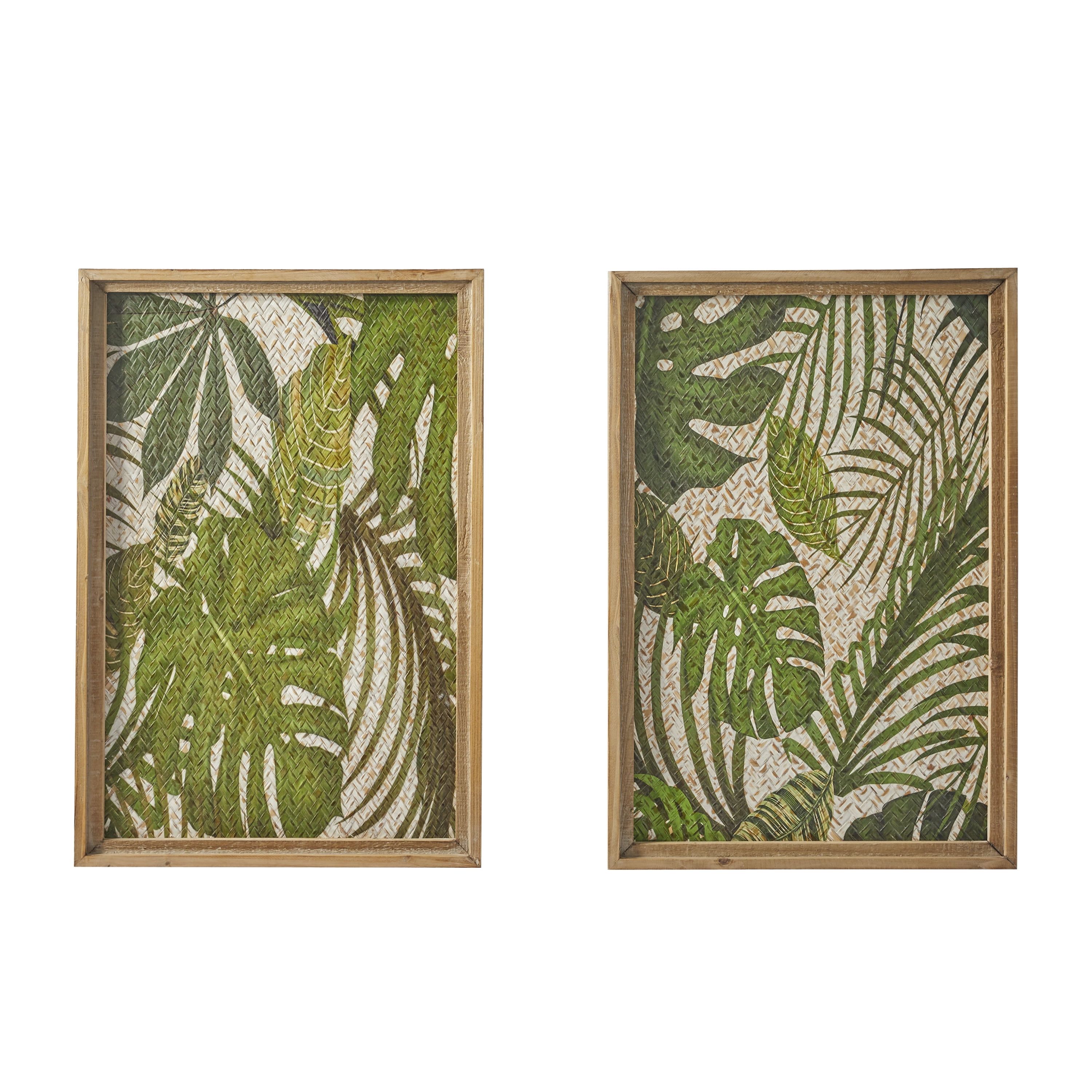 Green Tropical Leaf Canvas Wall Art with Brown Frame, Set of 2