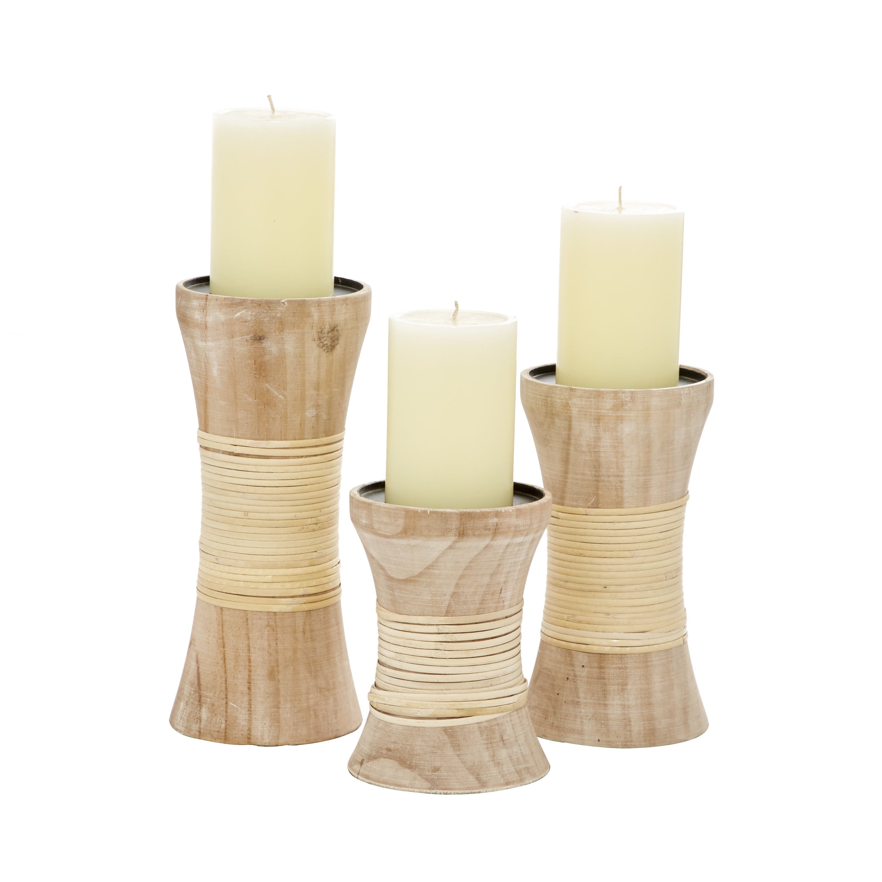 Rustic Elegance Natural Wood Tapered Candle Holder Set, Brown