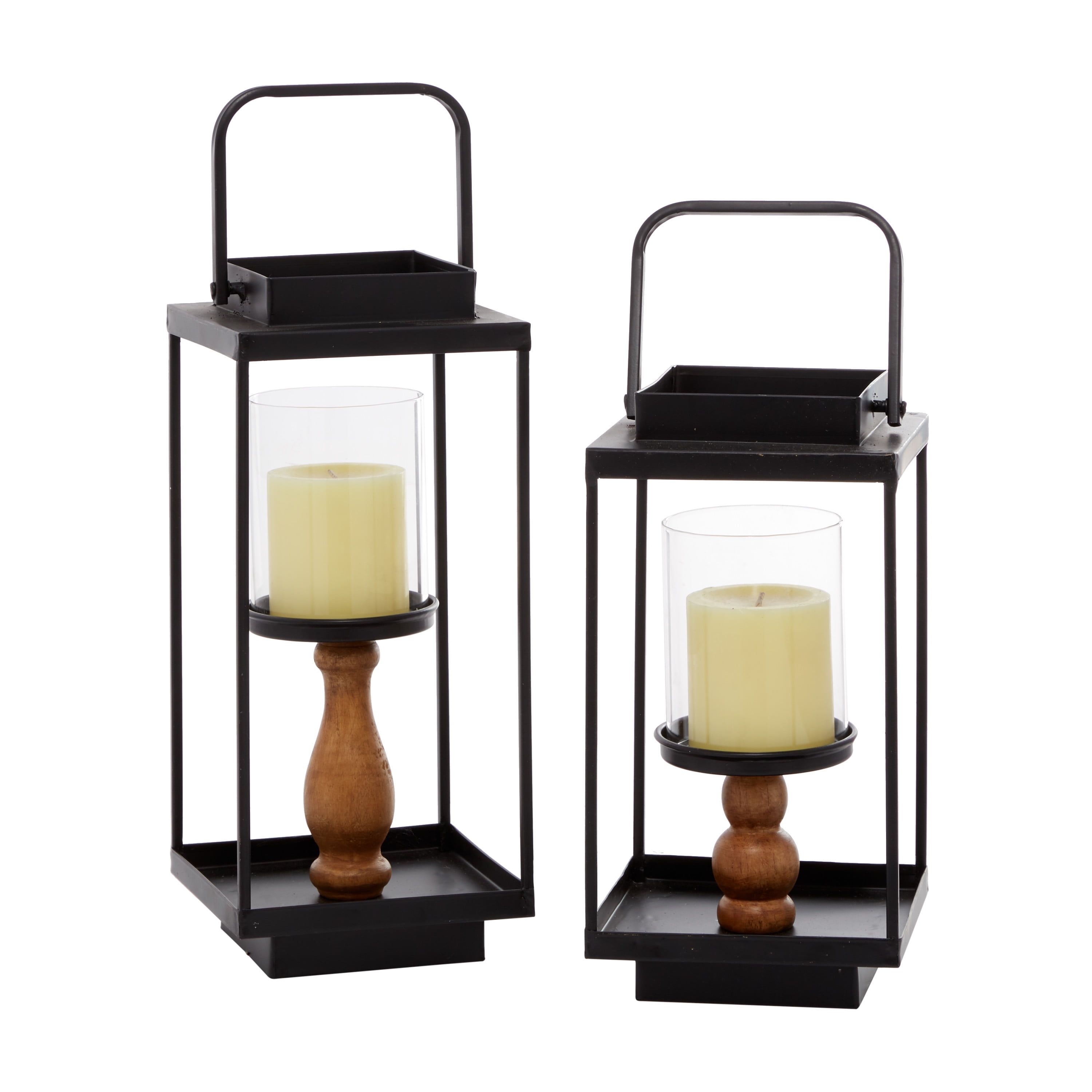 Rustic Black Iron and Wood Lantern Candle Holders, Set of 2