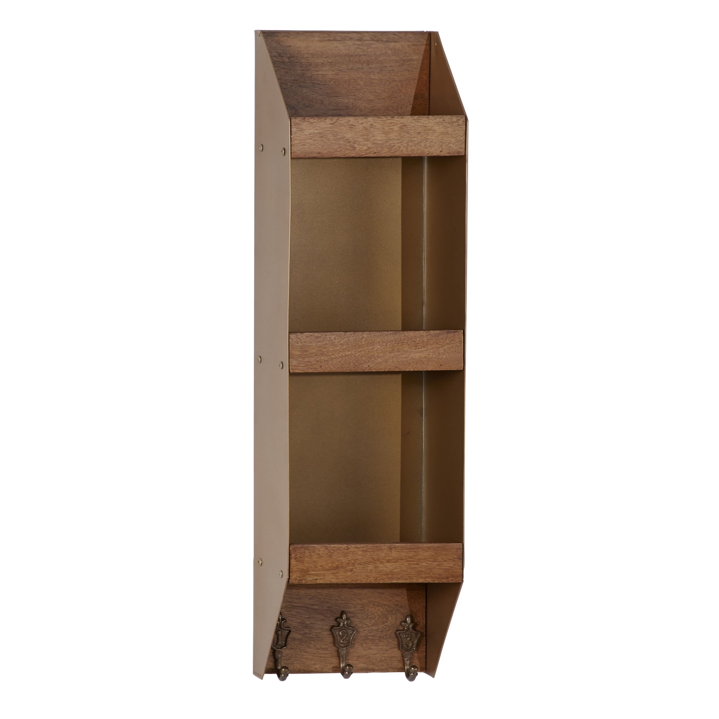 Tall Brown Mango Wood and Metal Wall Shelf with Hooks