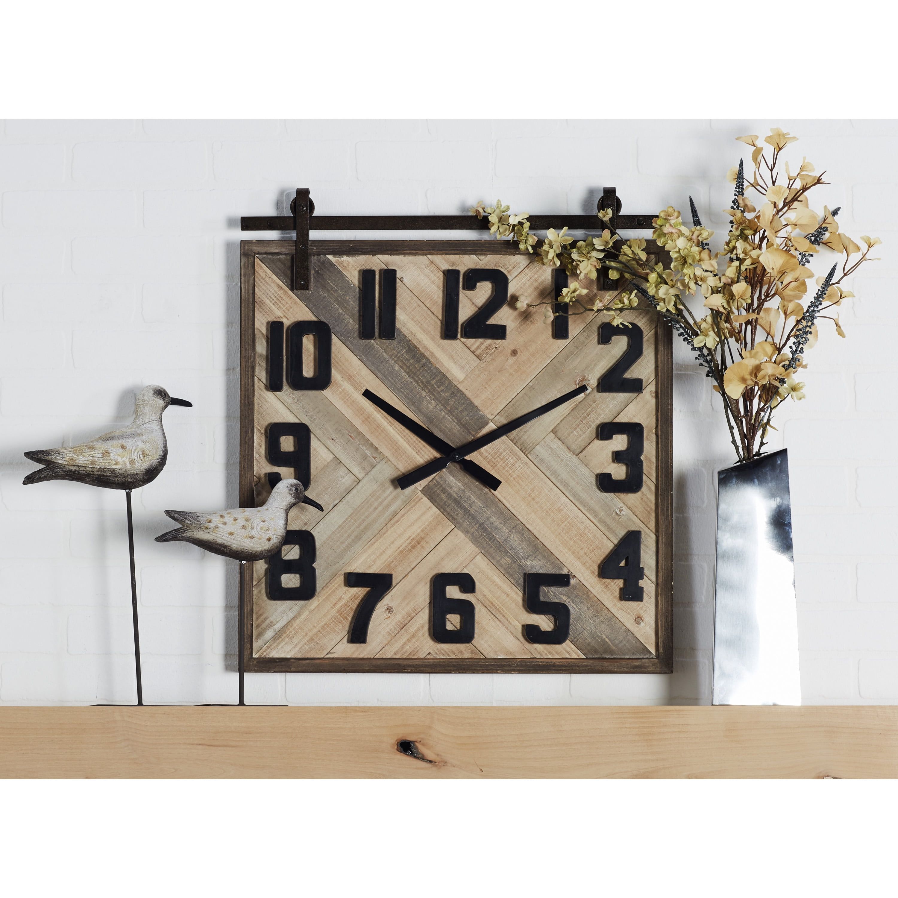 Brown and Beige Square Wood Wall Clock with Metal Accents