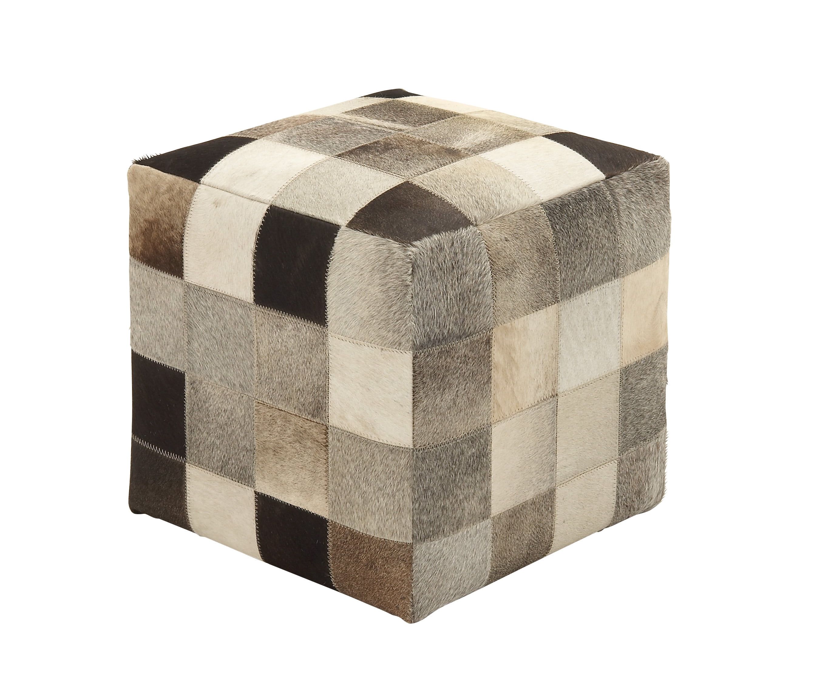 Contemporary Patchwork Leather Pouf Ottoman, Multi-Colored 16"x16"