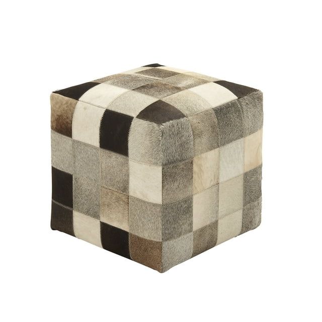 Contemporary Patchwork Leather Pouf Ottoman, Multi-Colored 16"x16"