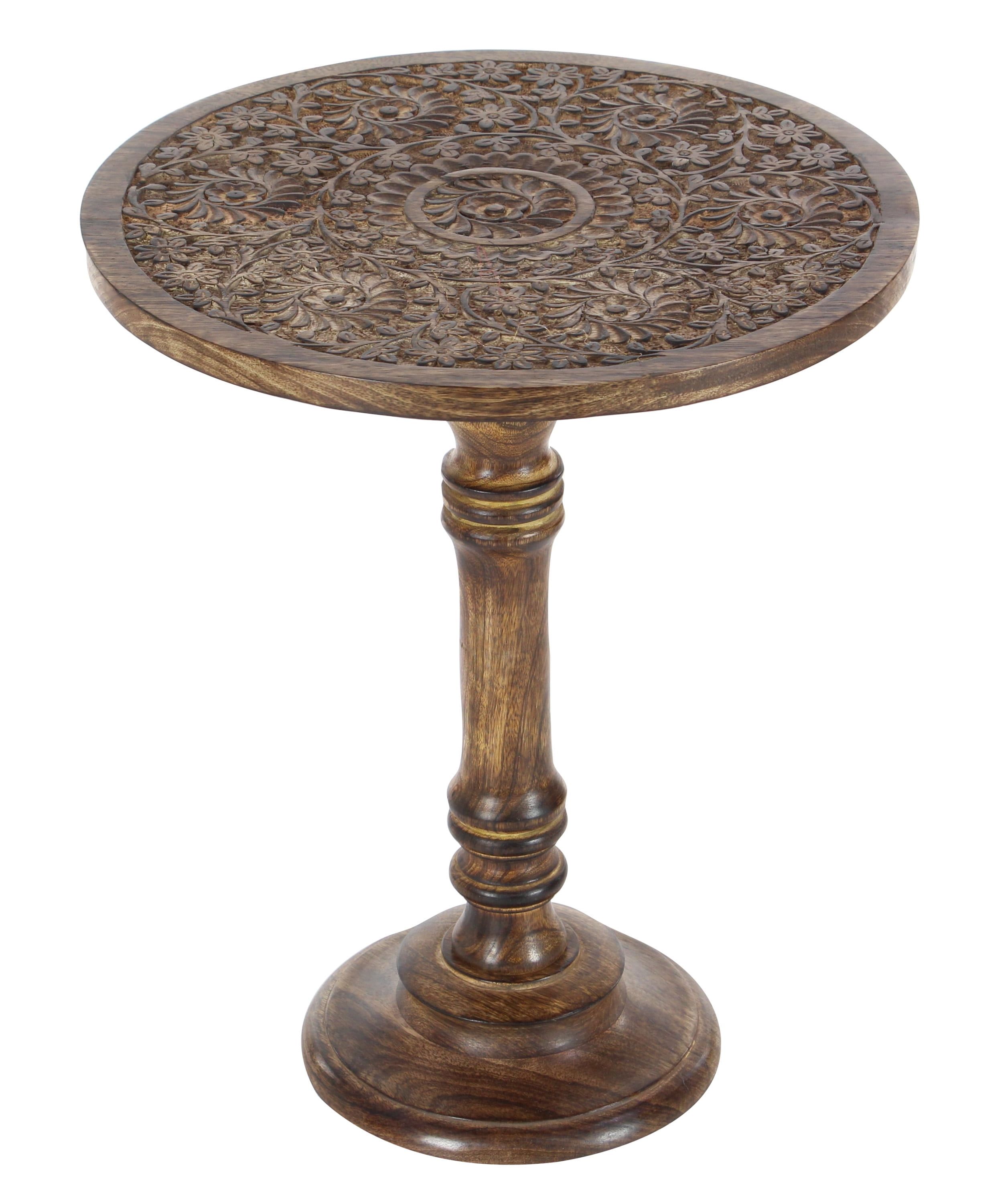 Majestic Floral Carved Dark Brown Mango Wood Round Accent Table