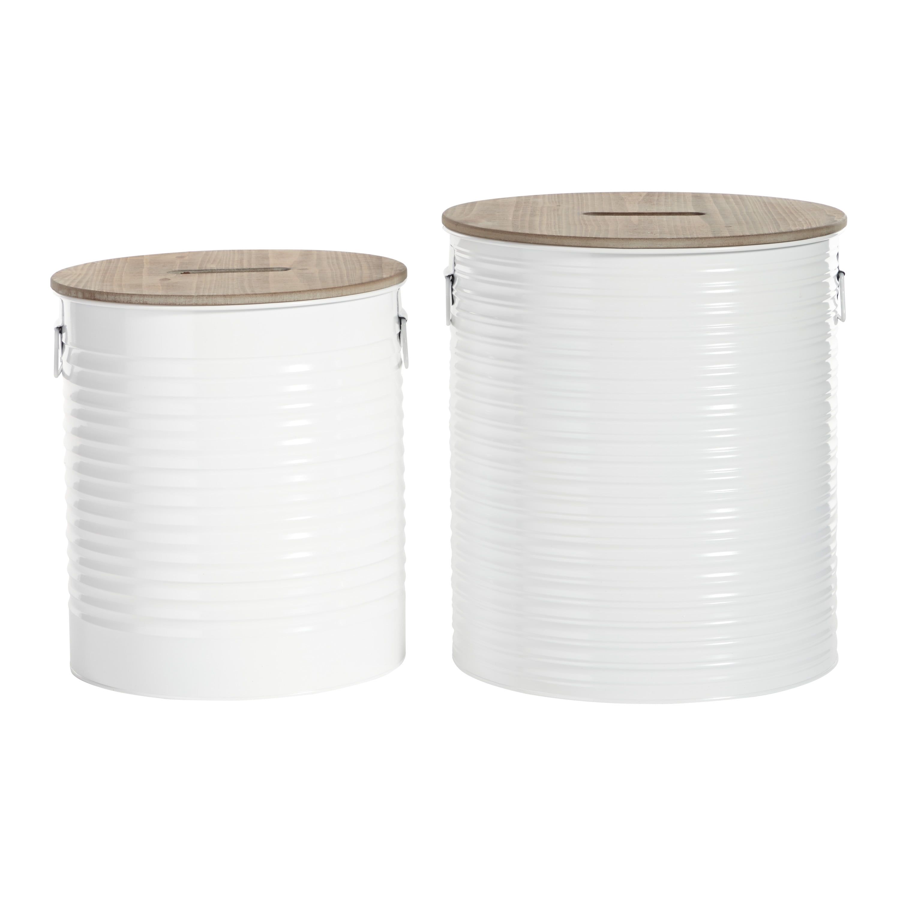 White Metal Cylinder Storage Stools with Brown Wood Tops, Set of 2