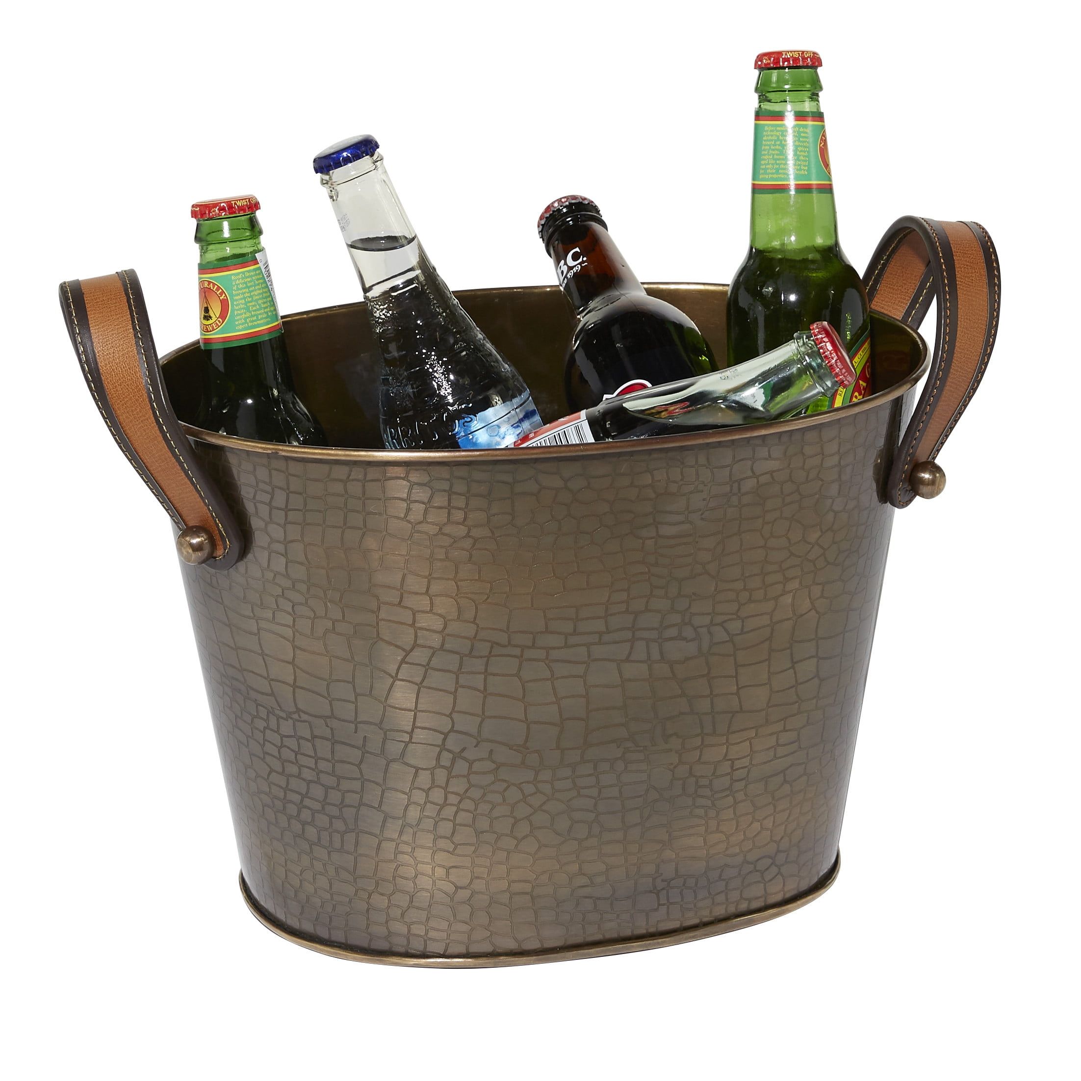 Bronze Metal 6-Bottle Ice Bucket with Leather Handles