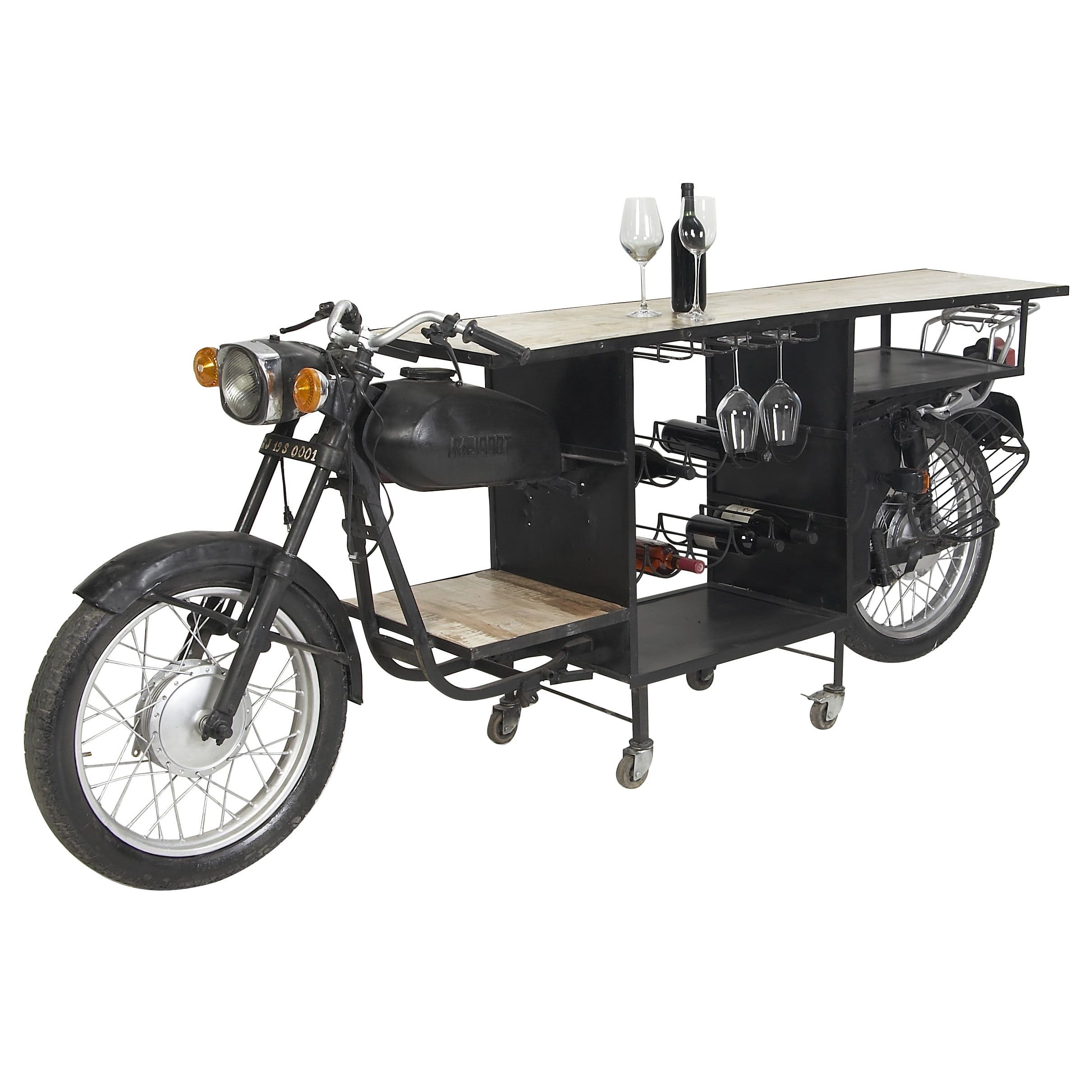 Black Metal and Mango Wood Motorcycle Bar Cart