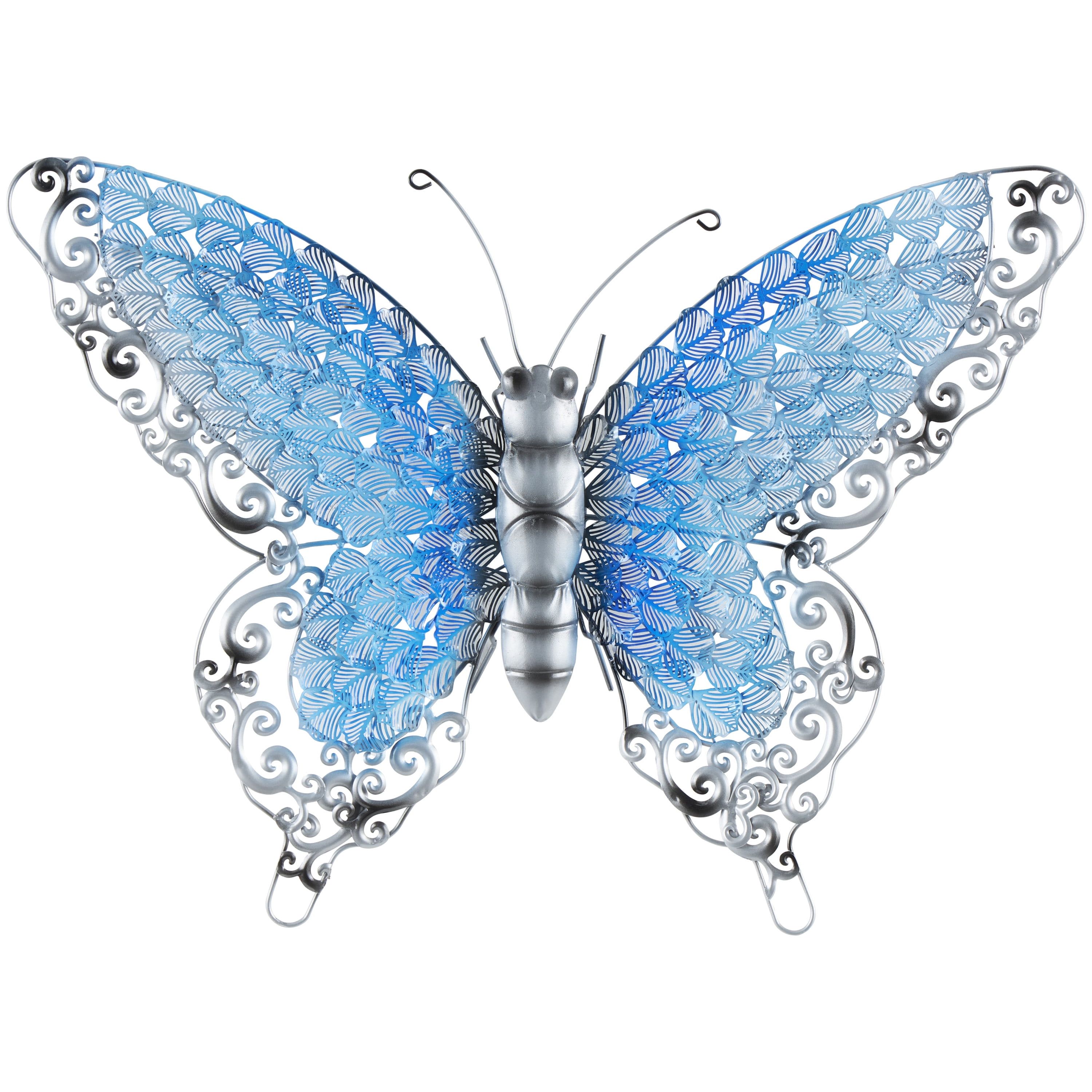 Silver and Blue Metal Butterfly Wall Sculpture