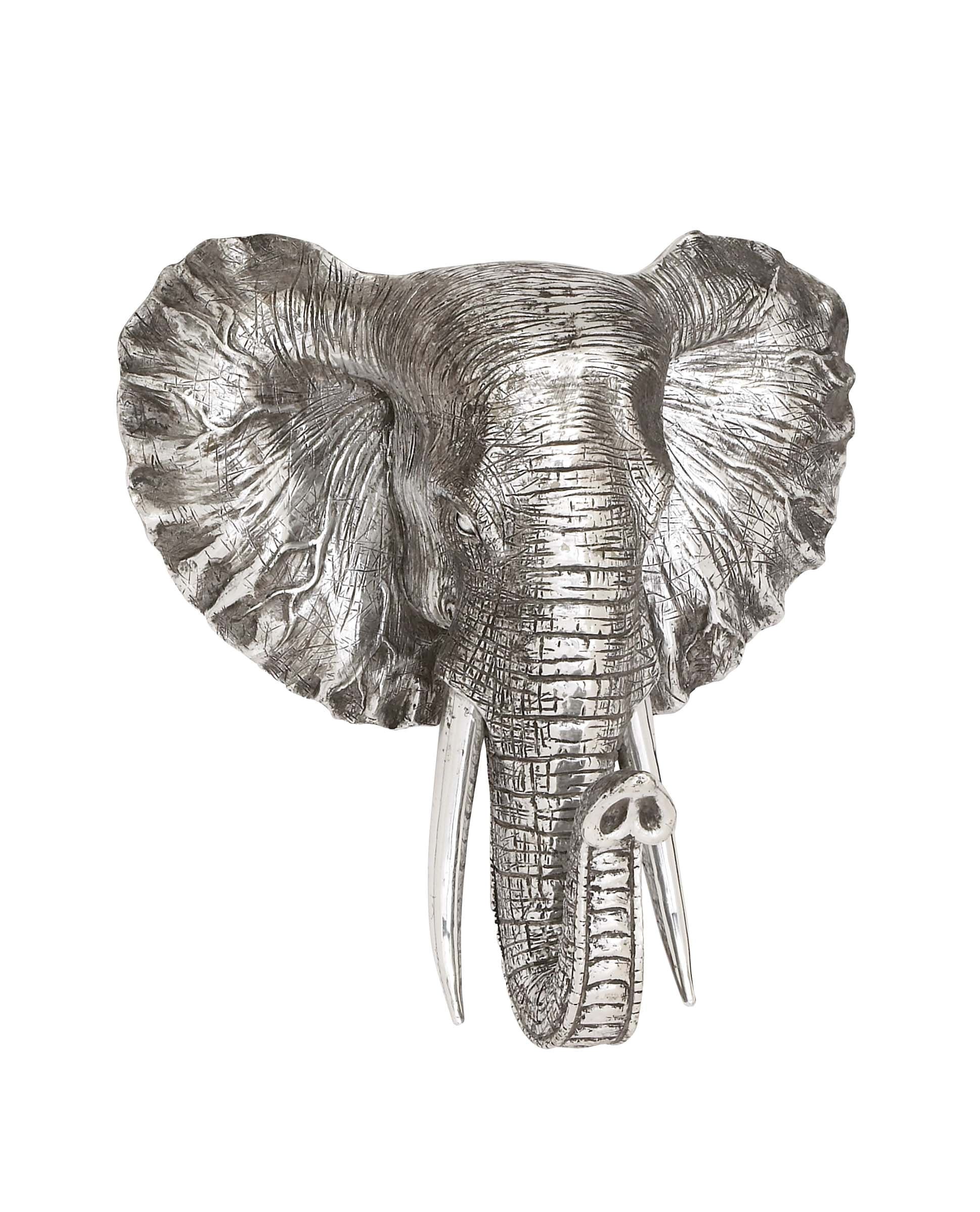 Silver Polystone Elephant Head Wall Sculpture with Tusks