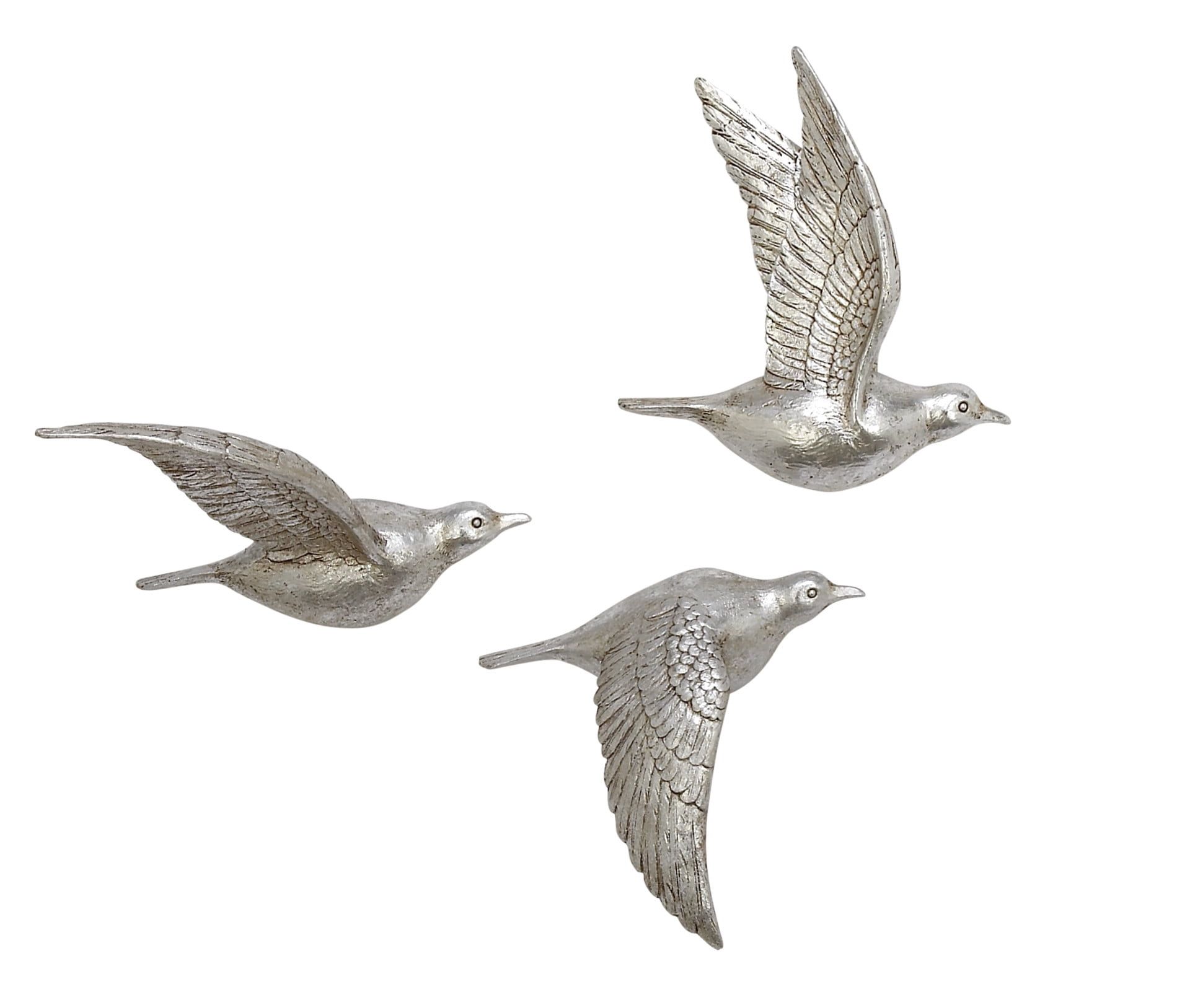 Silver Polystone Bird Wall Sculpture Set of 3