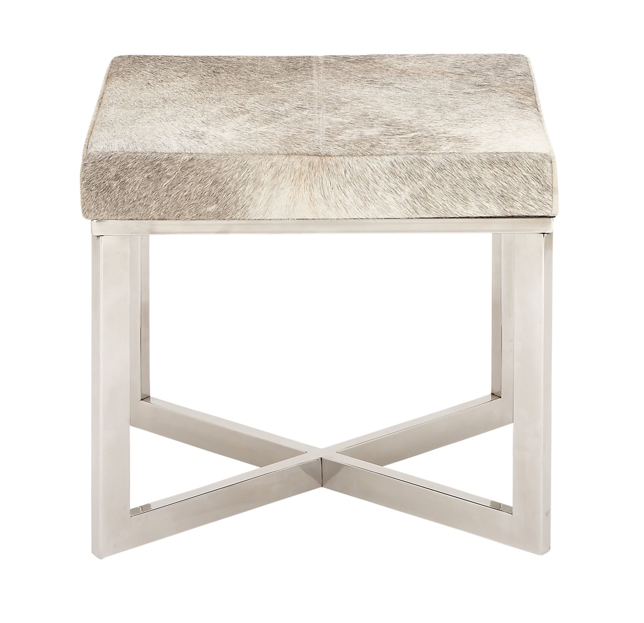 Silver Hair on Hide Upholstered Stool with Steel X-Base