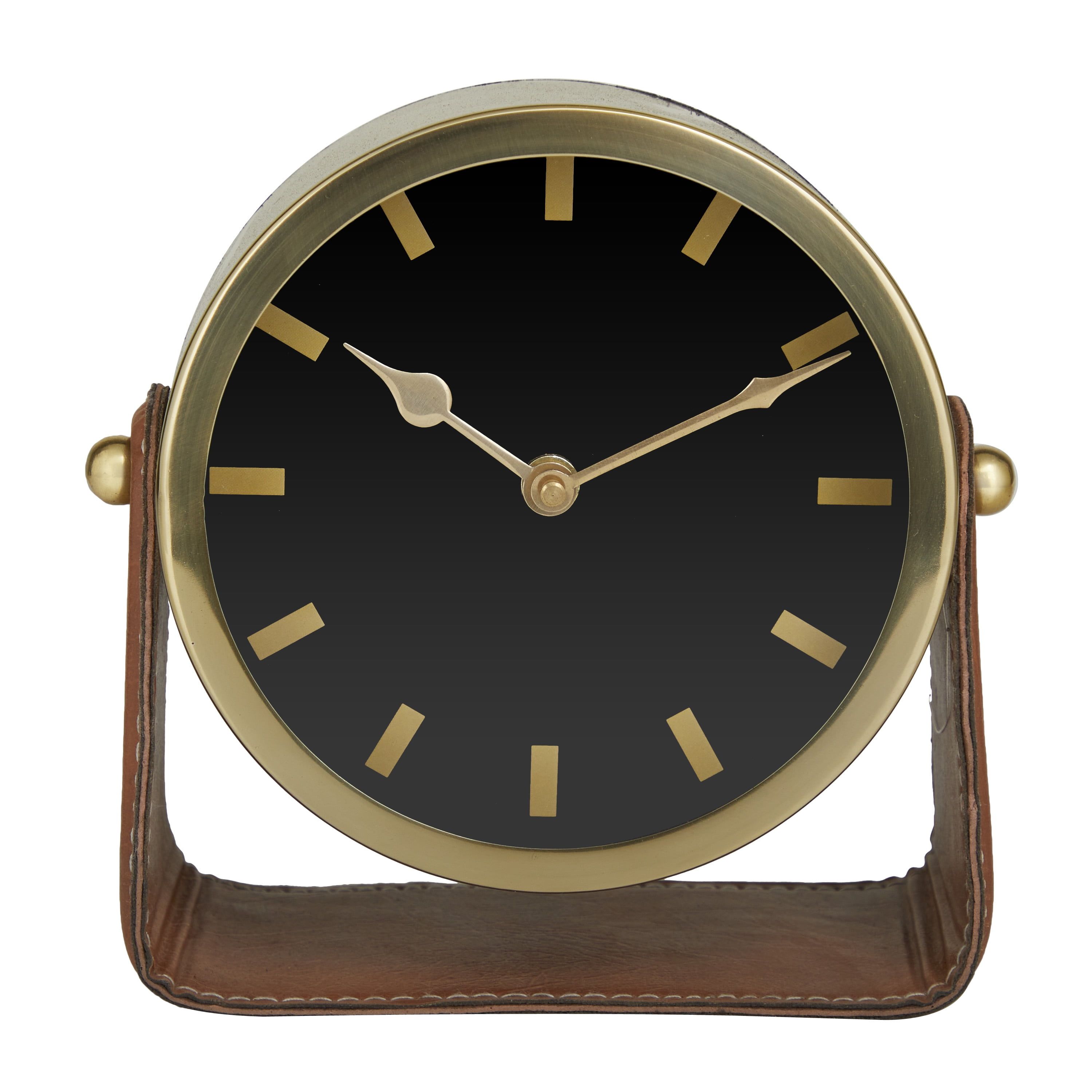 Gold Stainless Steel Round Desk Clock with Leather Stand