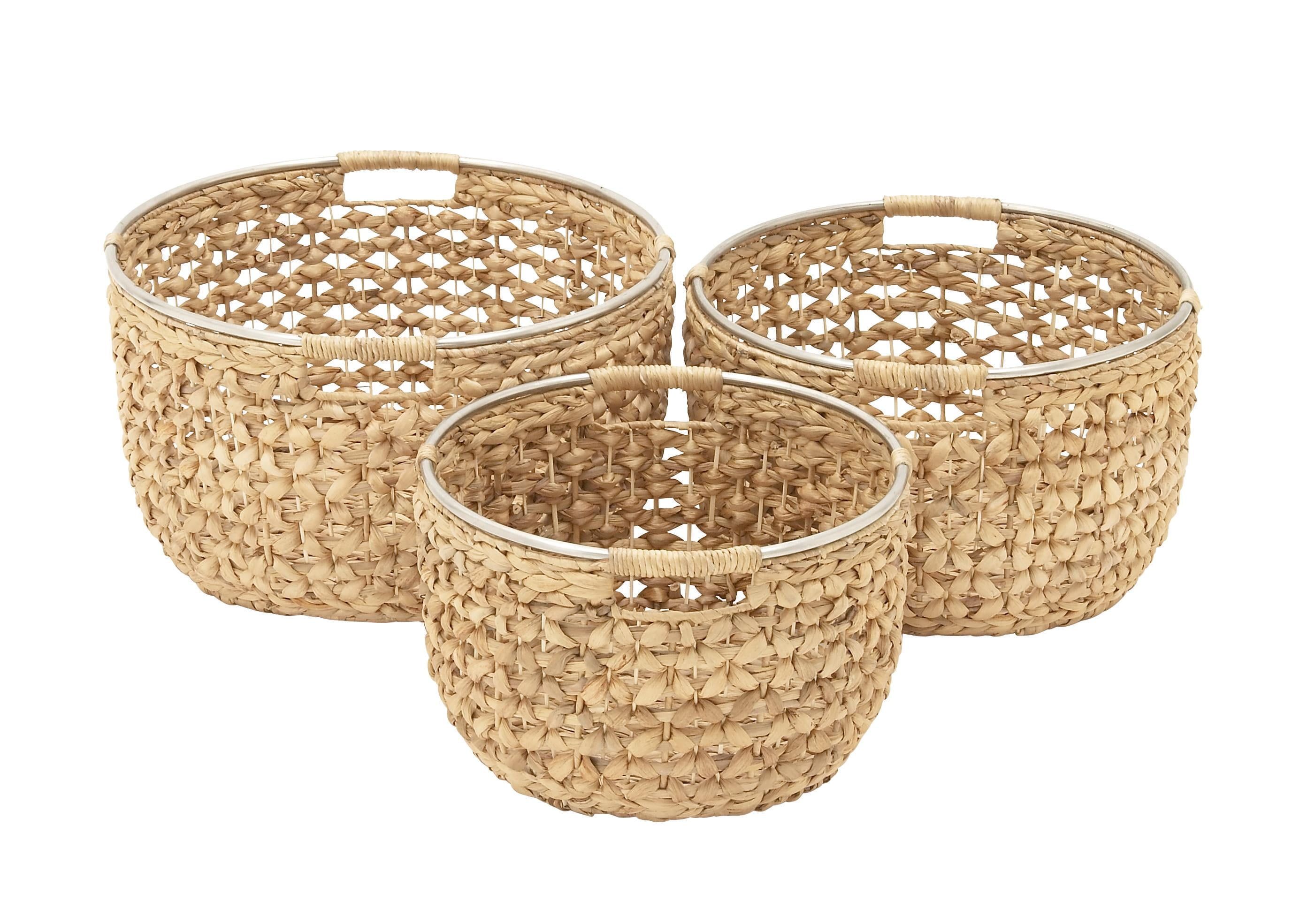 Polished Seagrass Round Storage Basket with Metal Handles