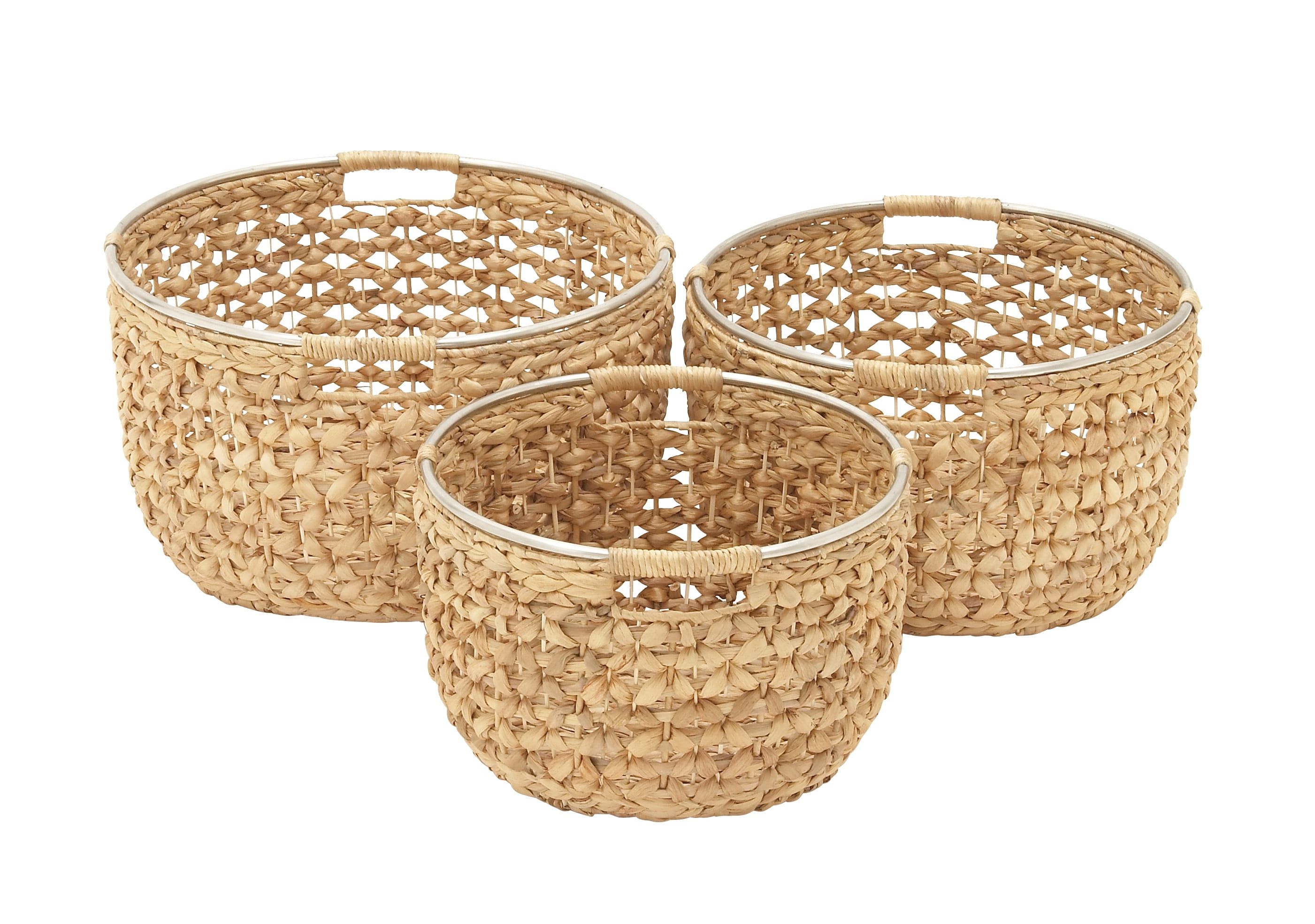 Polished Seagrass Round Storage Basket with Metal Handles