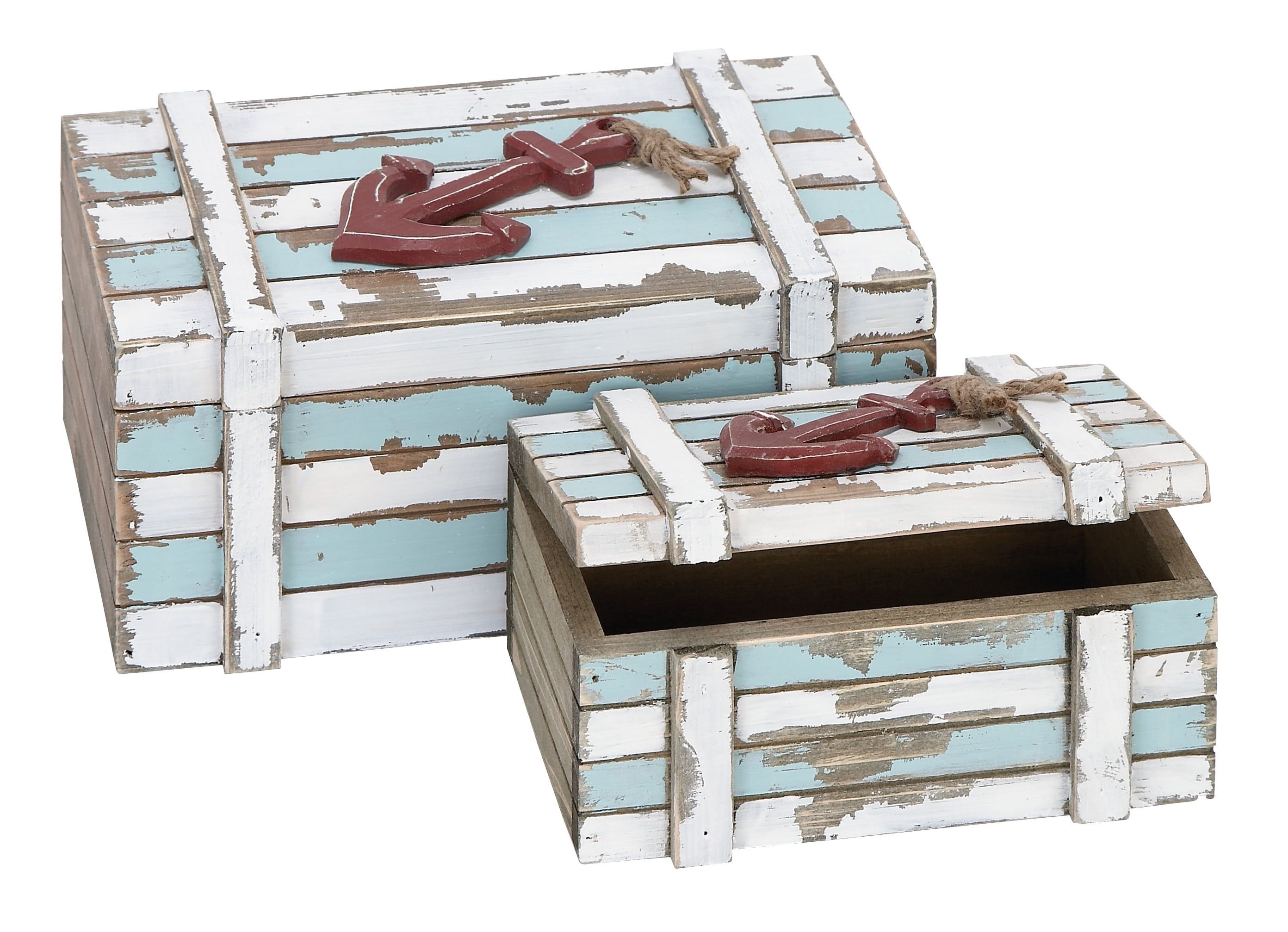 Teal and White Nautical Wood Lidded Box Set with Anchor Detail