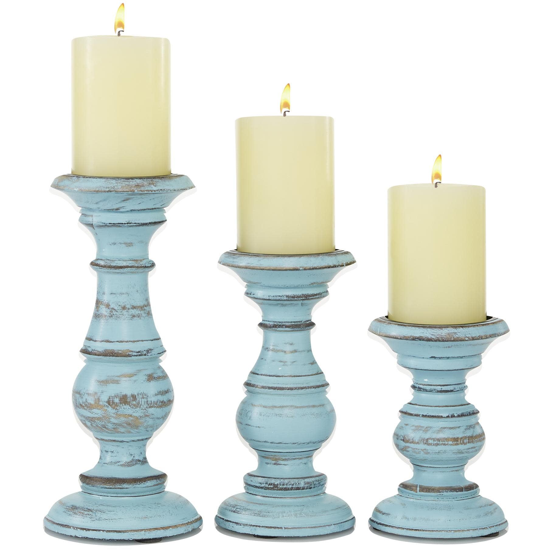 Light Blue Mango Wood Pillar Candle Holder Set, 6", 8", 10"