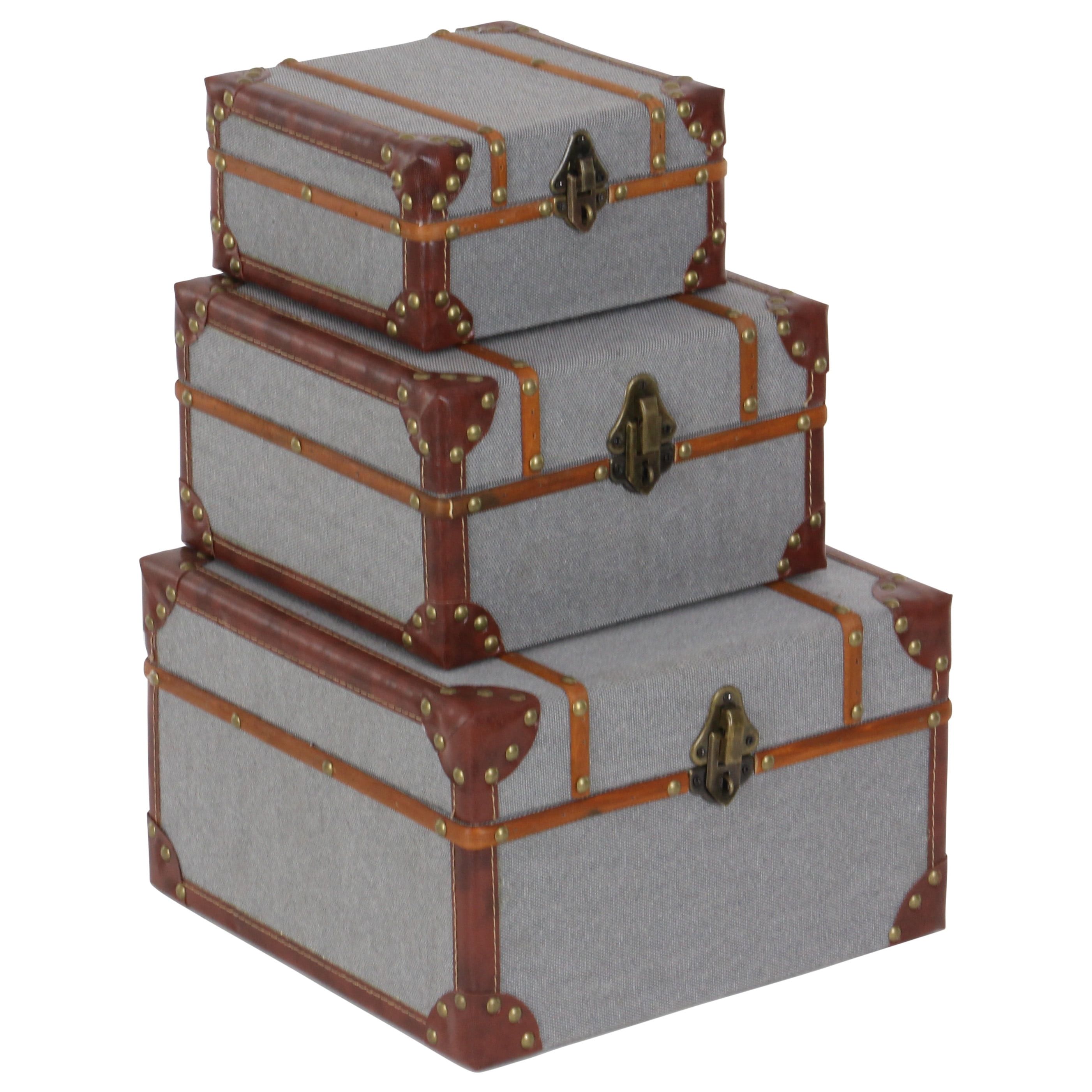 Gray Upholstered Wood 3-Piece Decorative Box Set with Hinged Lids