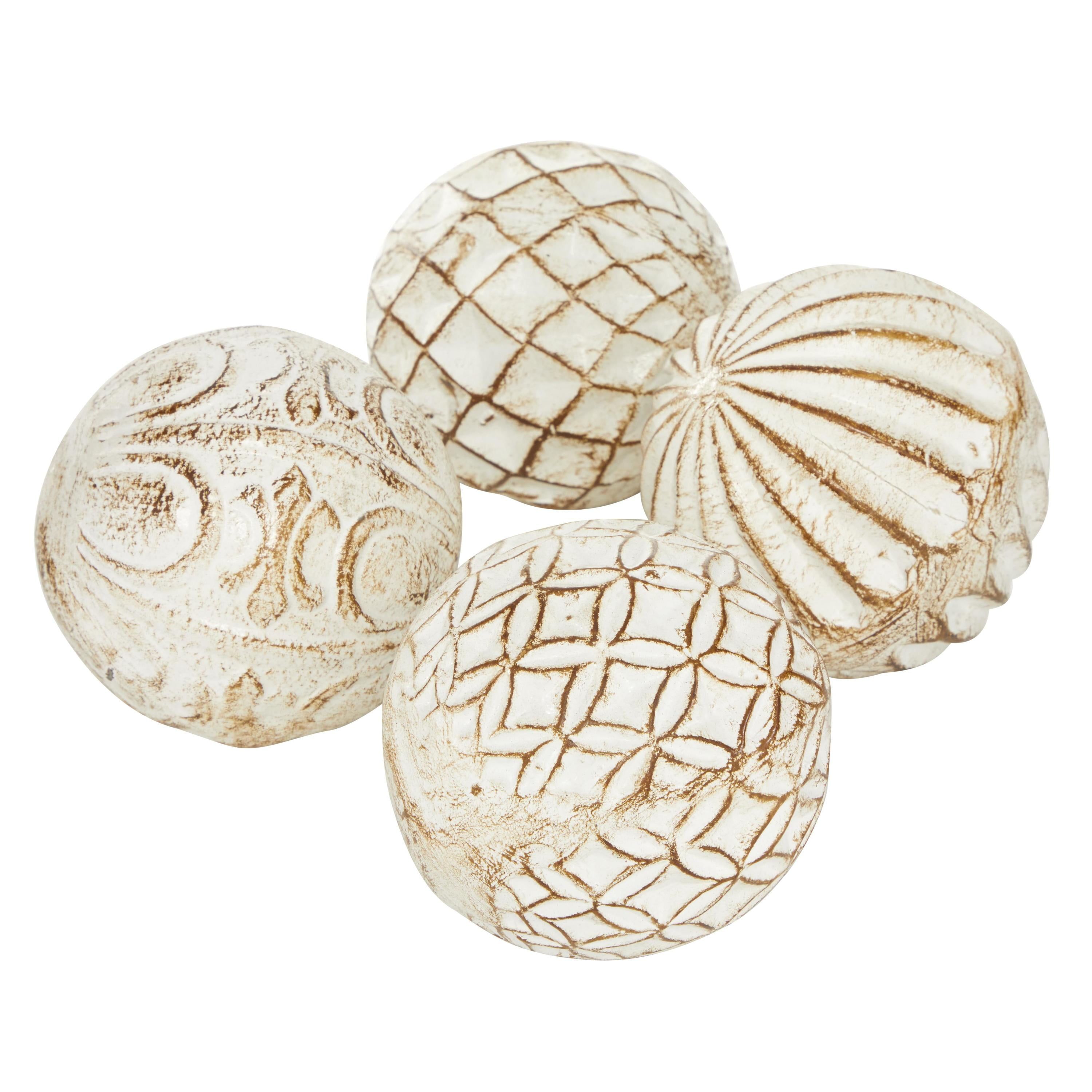 White and Gold Ceramic Carved Decorative Orbs, Set of 4