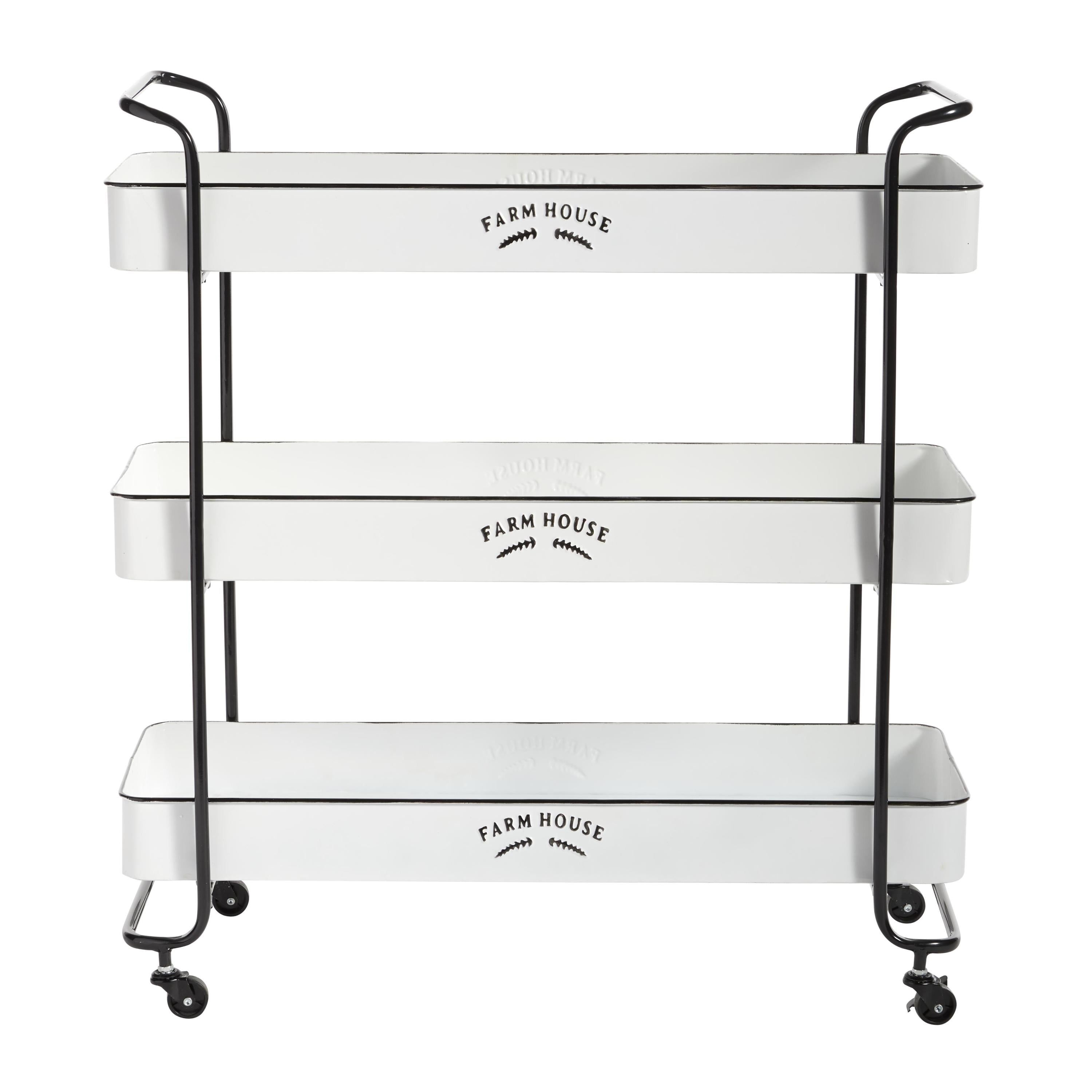White Metal Rolling Utility Cart with Black Accents and Farmhouse Design