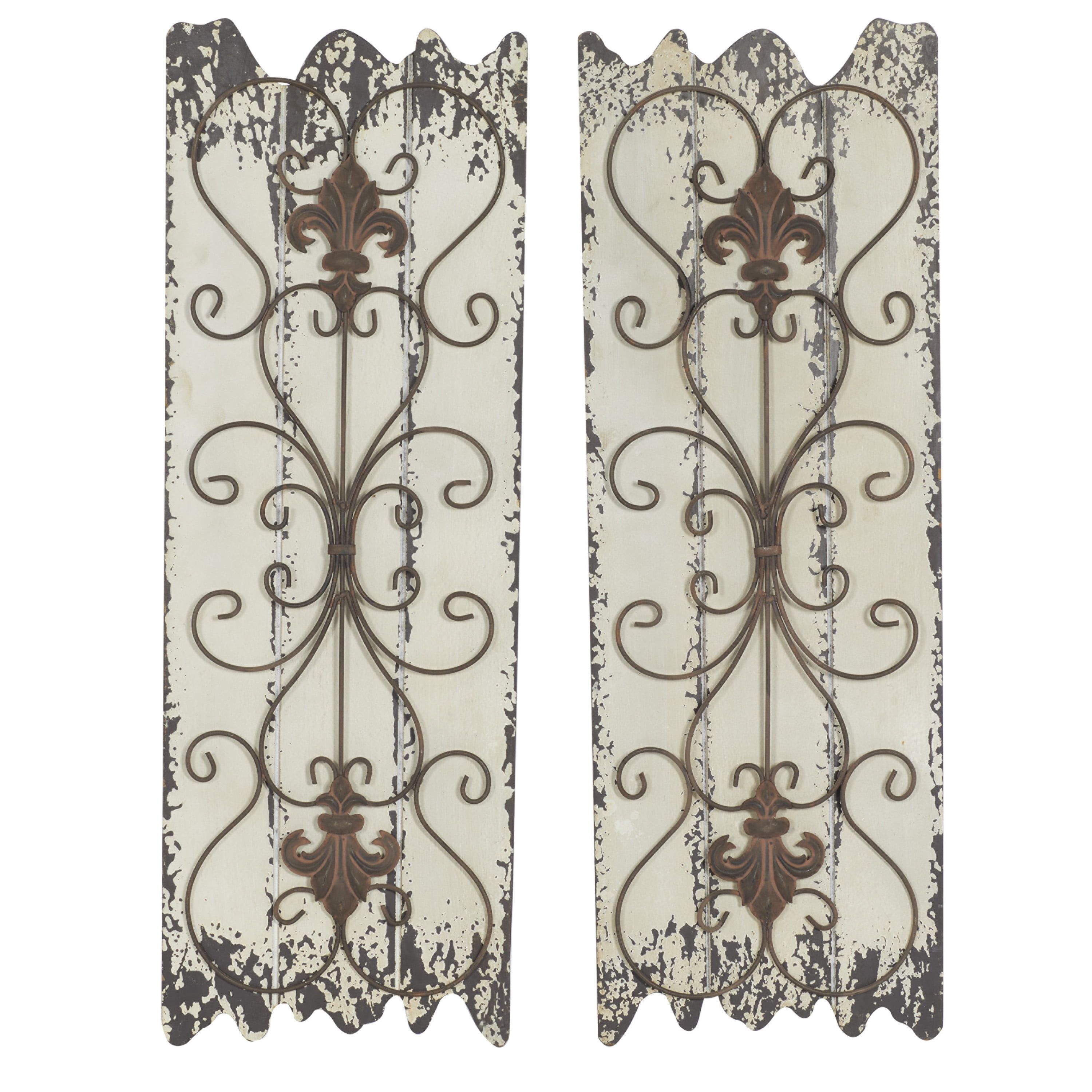 White Weathered Wood and Metal Scroll Wall Decor Set of 2