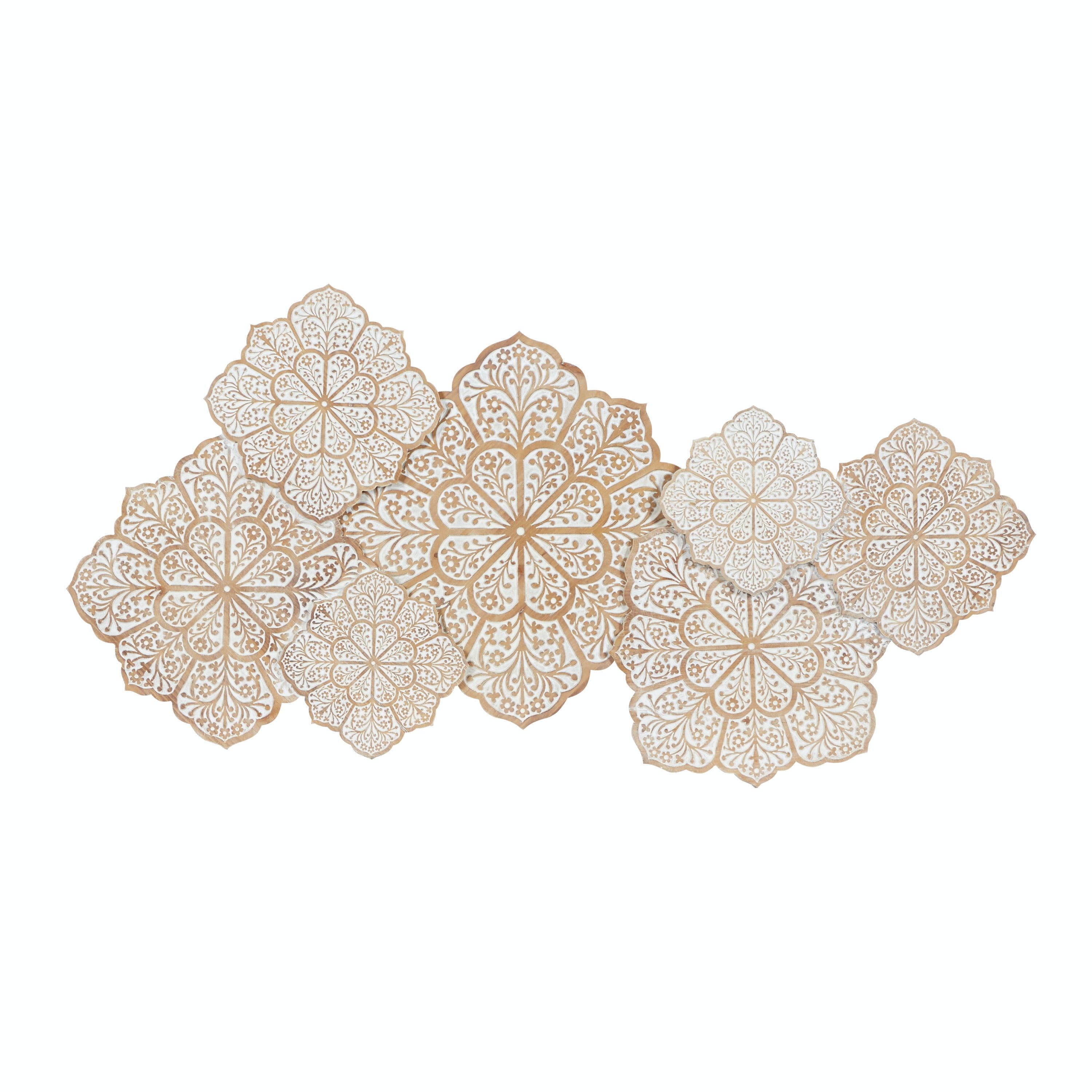 White and Natural Wood Intricately Carved Floral Wall Decor